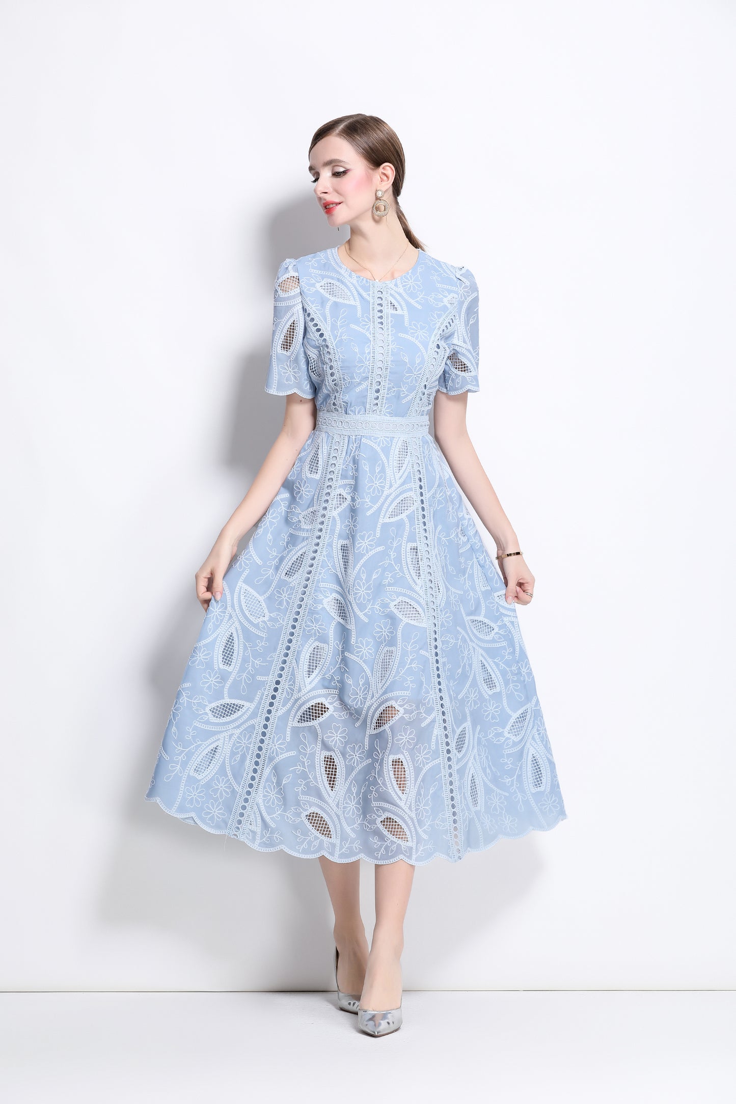 Women's Floral Lace Short Sleeve Evening Midi Dress