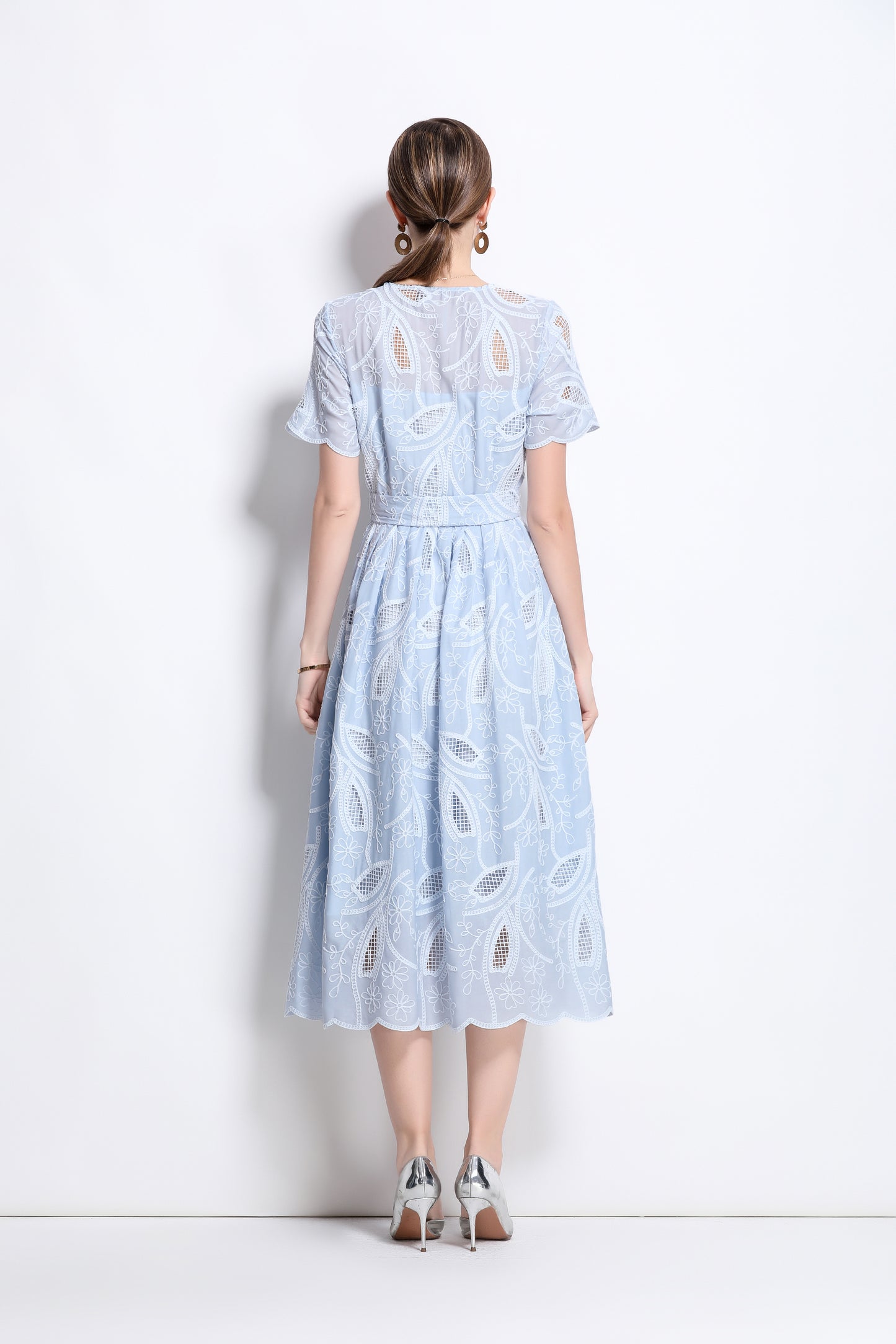 Women's Hollow Lace Short Sleeve Midi Dress