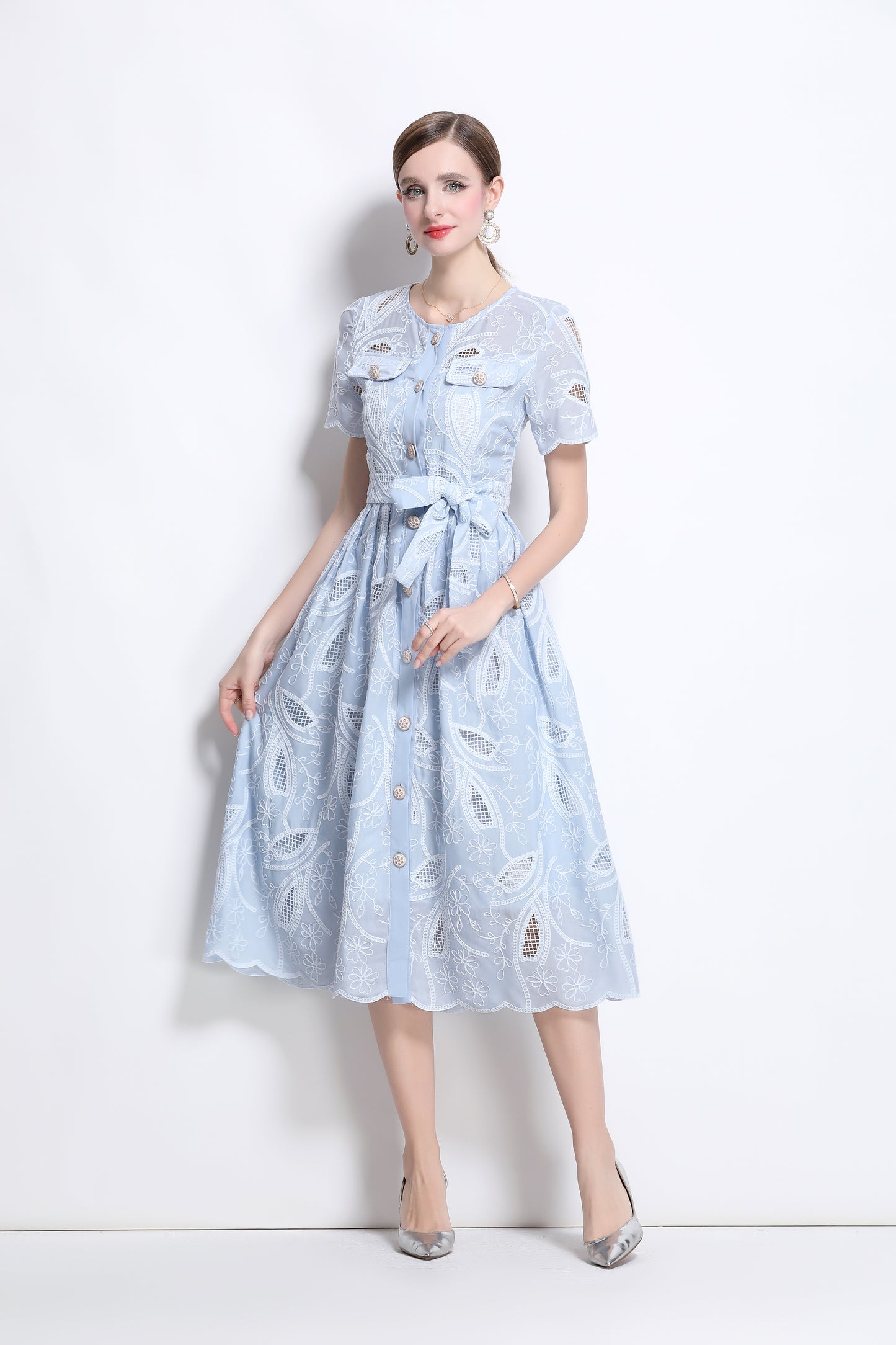 Women's Hollow Lace Short Sleeve Midi Dress