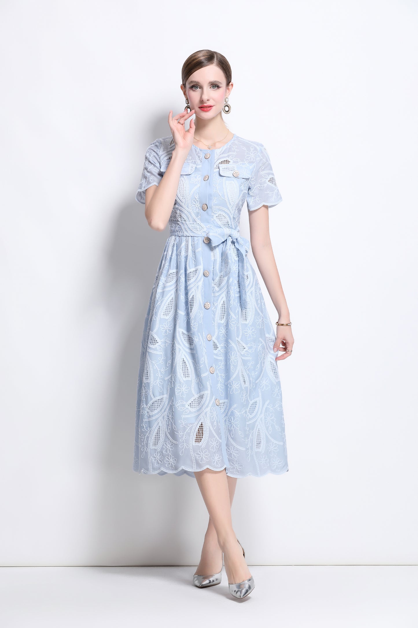 Women's Hollow Lace Short Sleeve Midi Dress
