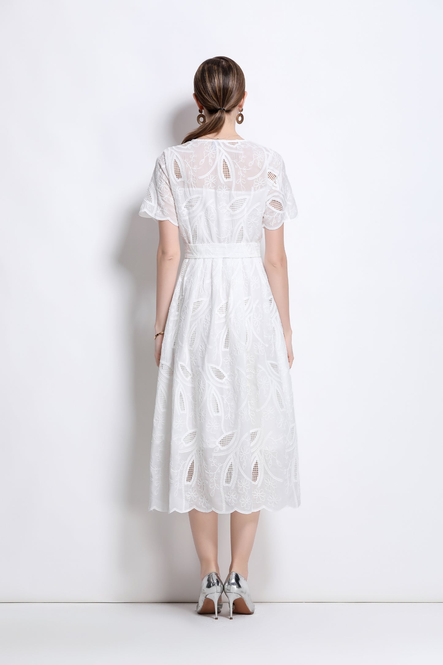 Women's Hollow Lace Short Sleeve Midi Dress