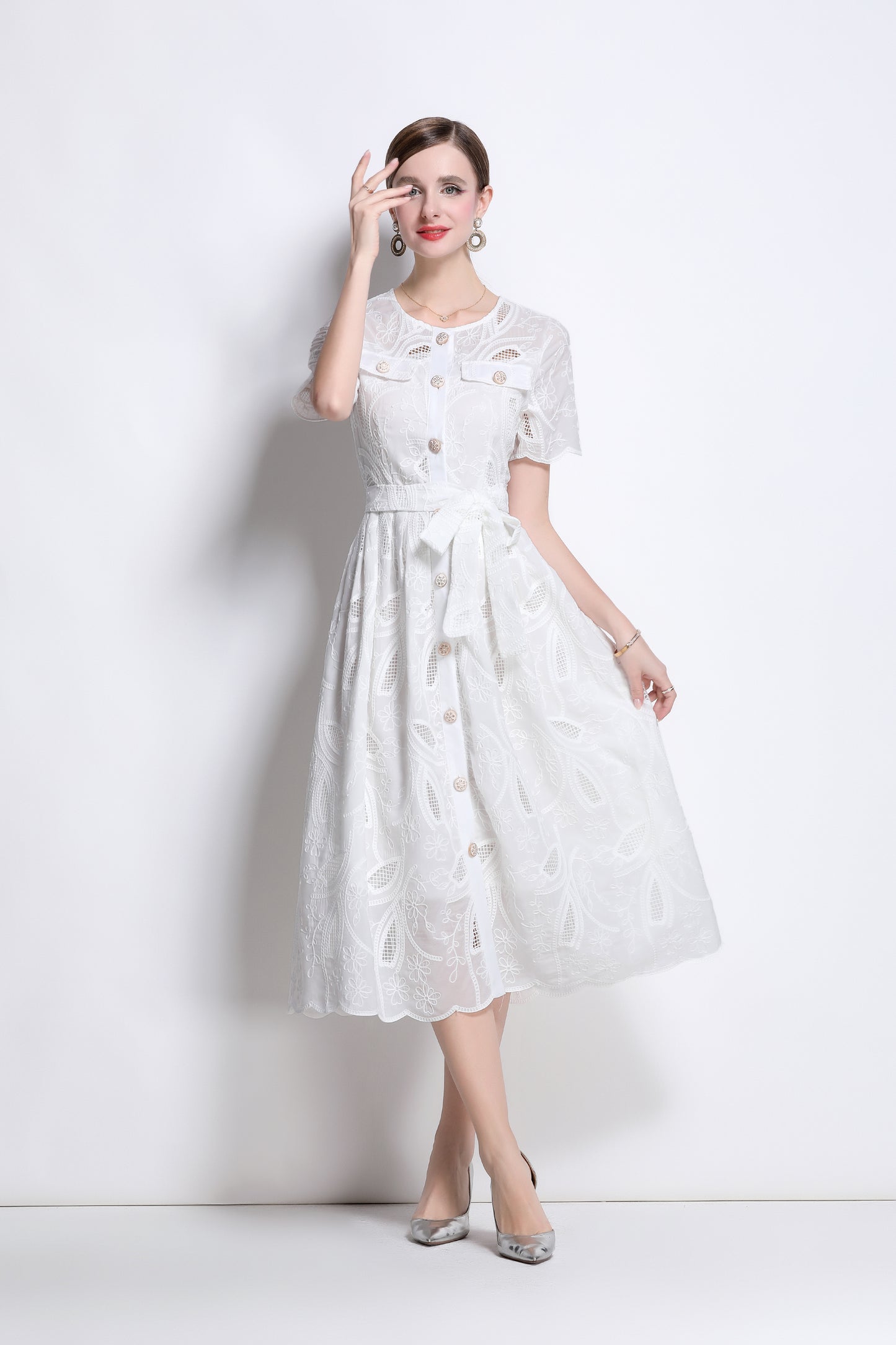 Women's Hollow Lace Short Sleeve Midi Dress