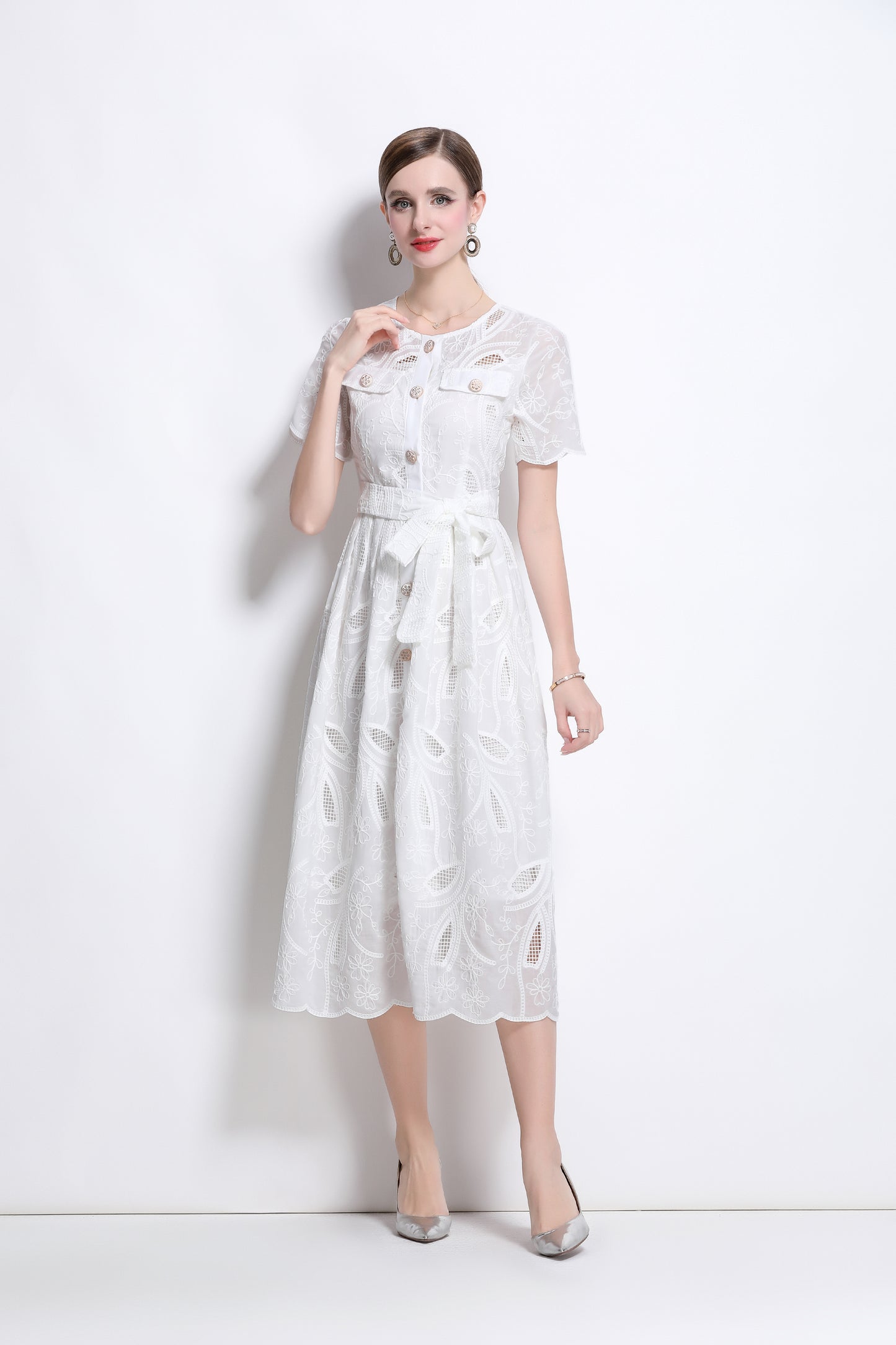 Women's Hollow Lace Short Sleeve Midi Dress