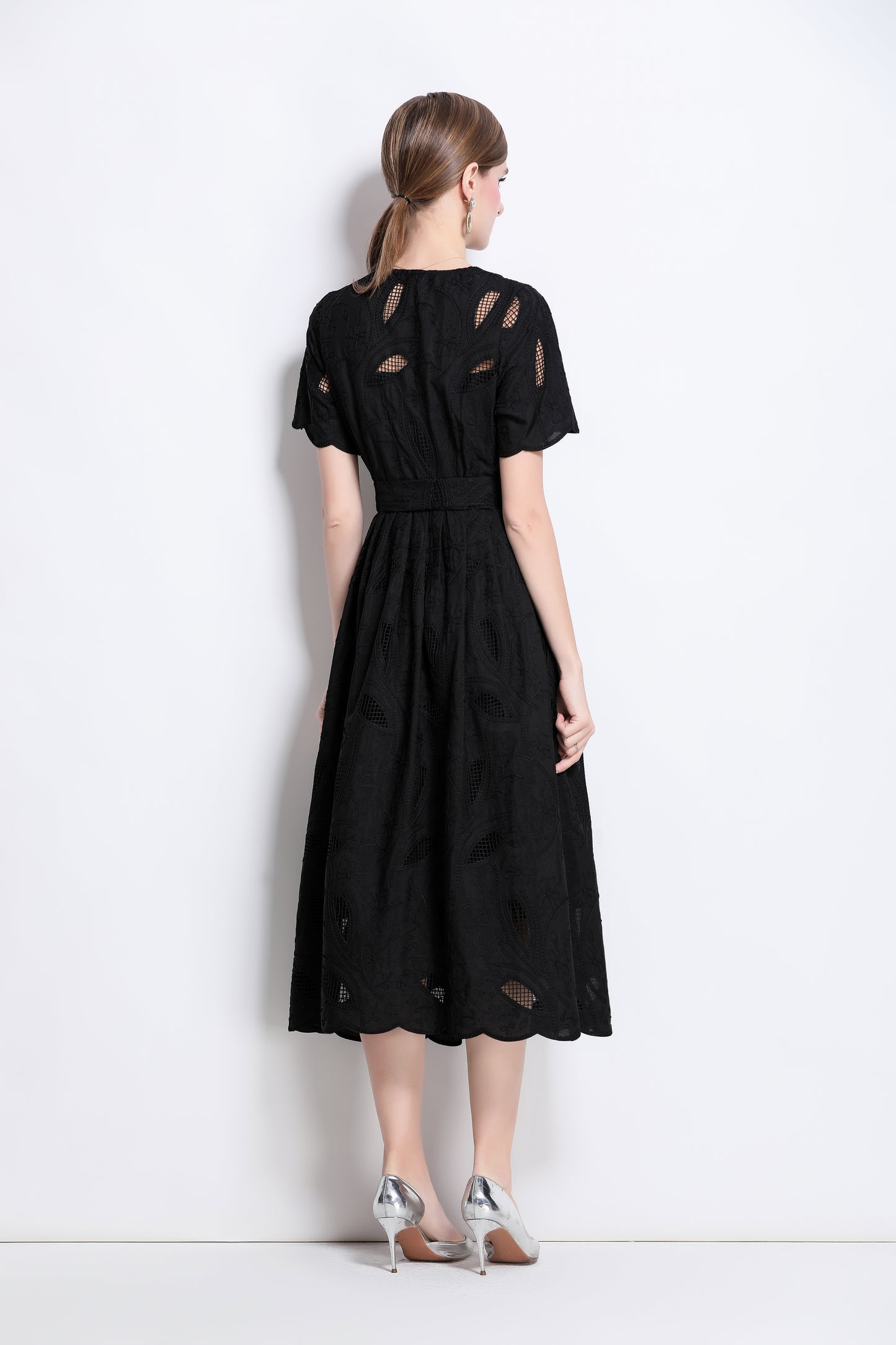 Women's Hollow Lace Short Sleeve Midi Dress