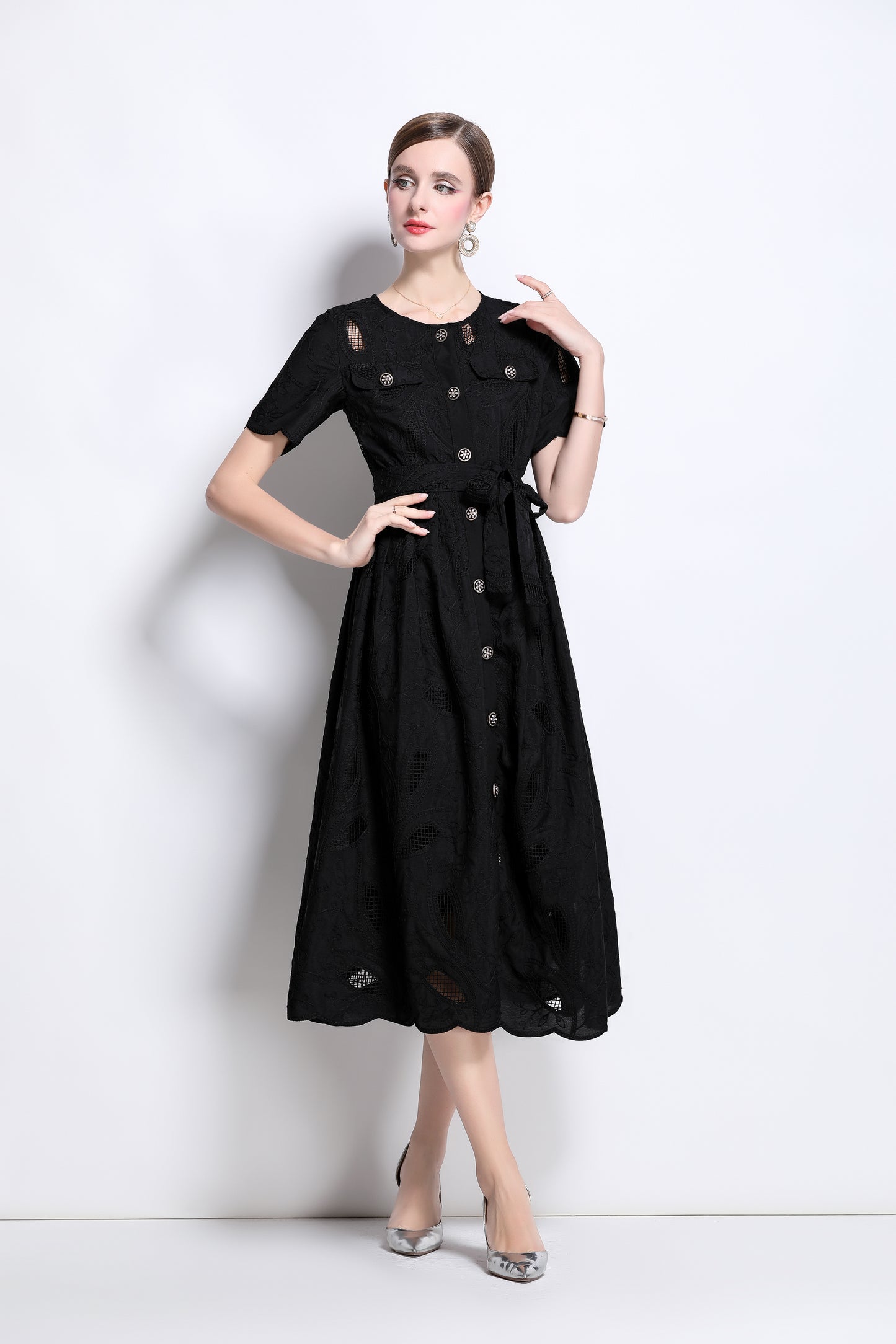 Women's Hollow Lace Short Sleeve Midi Dress