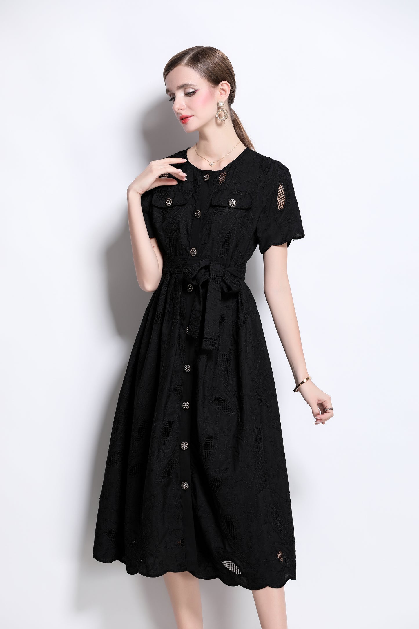 Women's Hollow Lace Short Sleeve Midi Dress