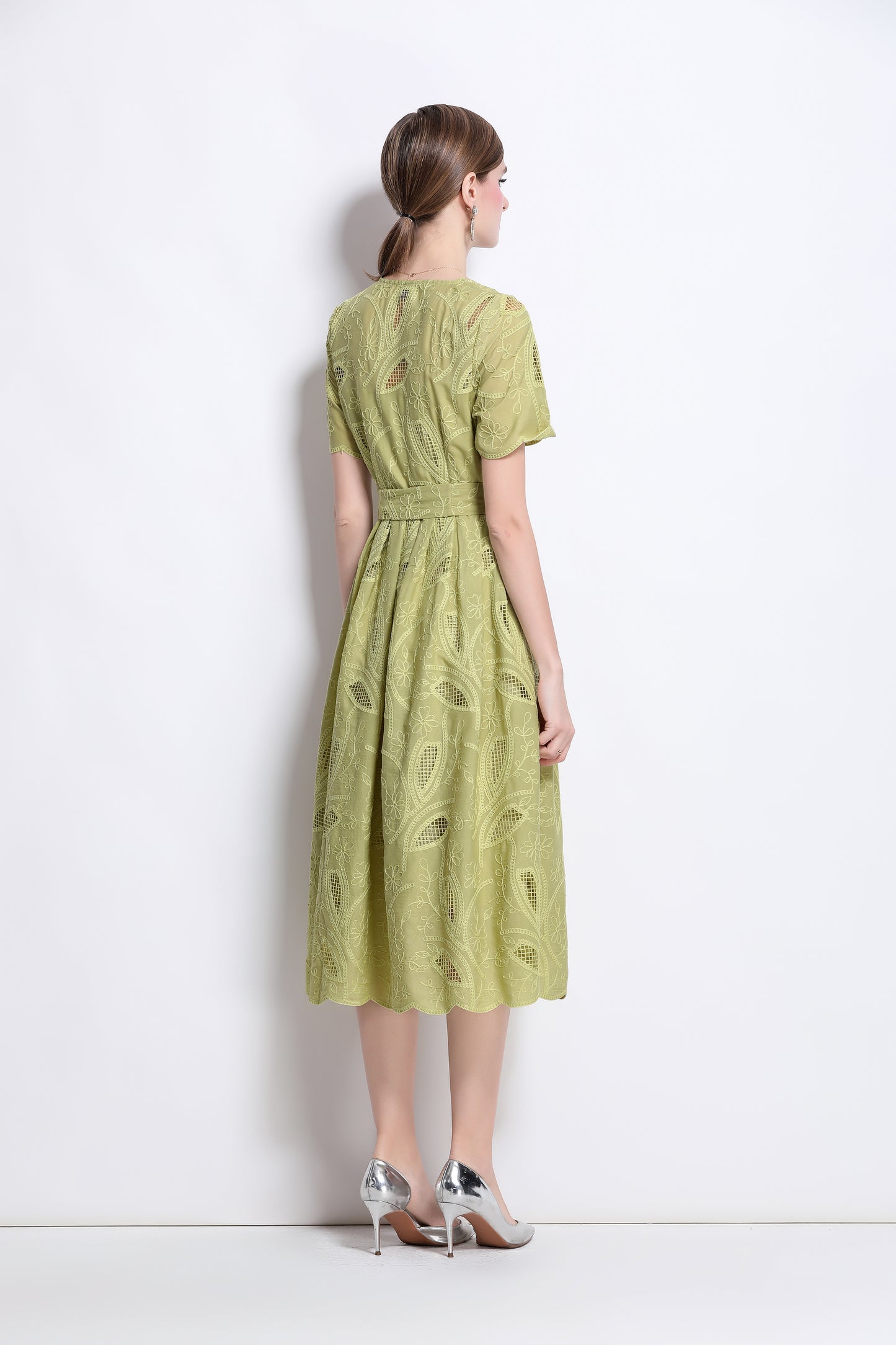 Women's Hollow Lace Short Sleeve Midi Dress