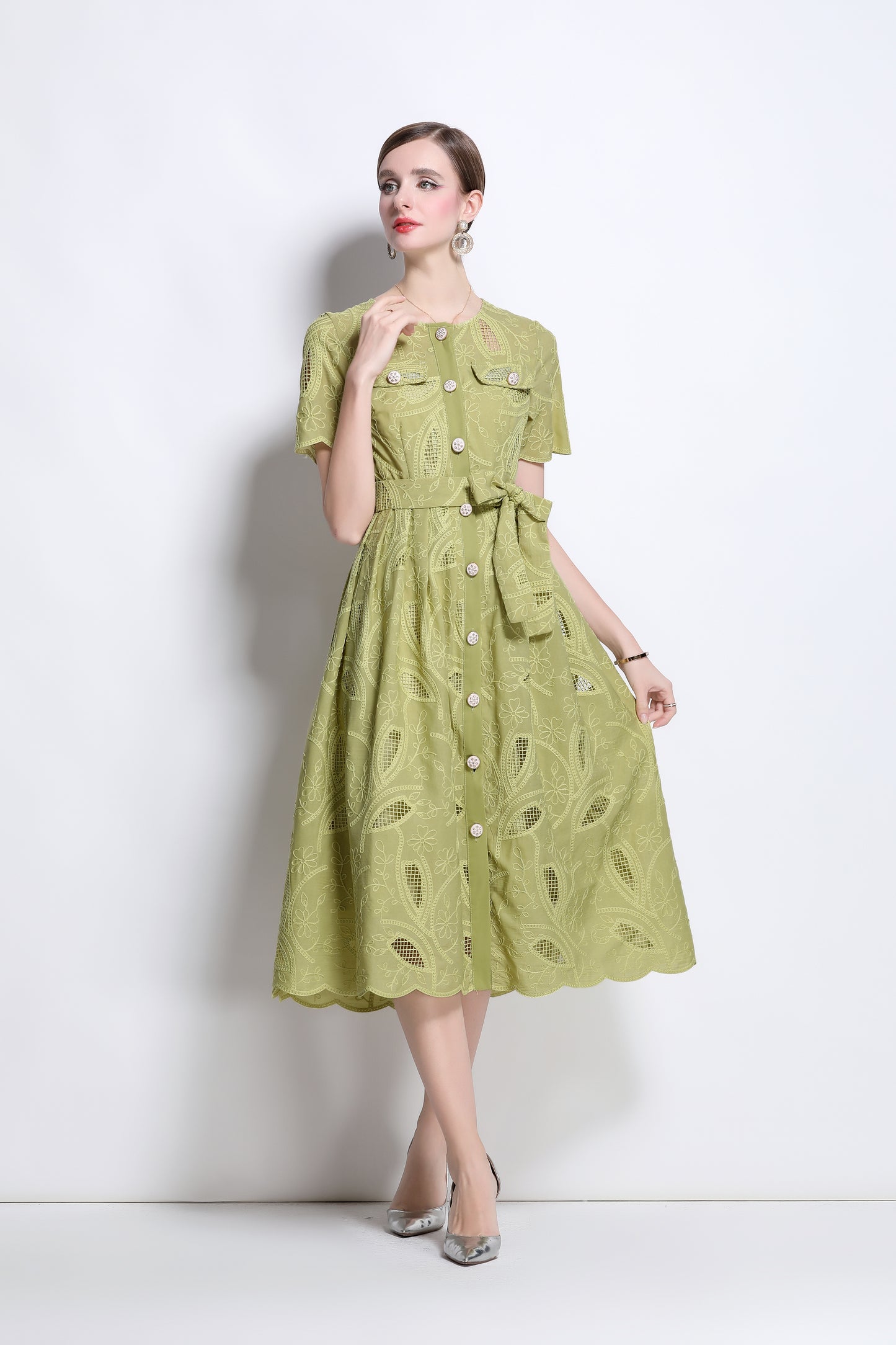 Women's Hollow Lace Short Sleeve Midi Dress