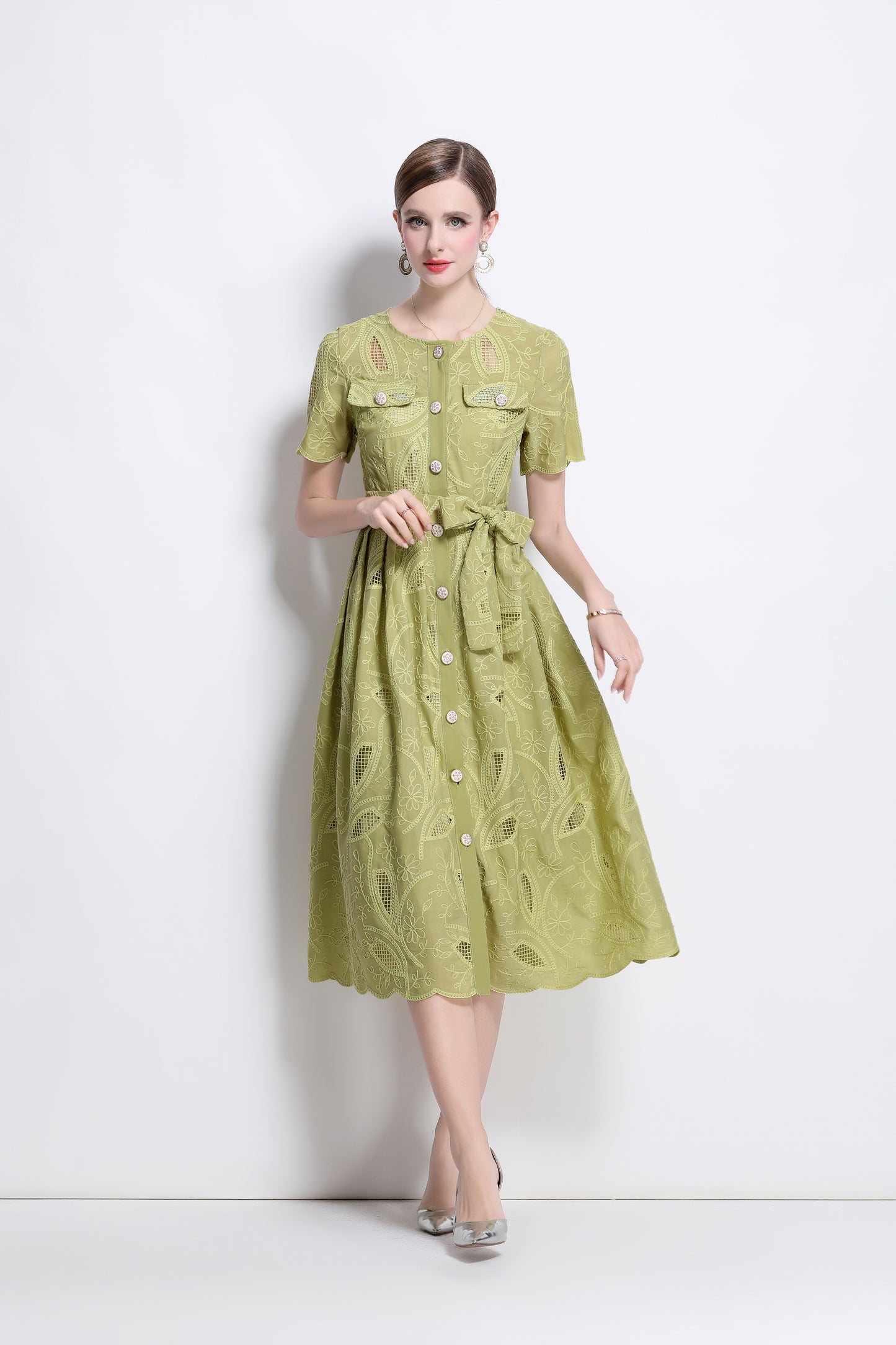 Women's Hollow Lace Short Sleeve Midi Dress