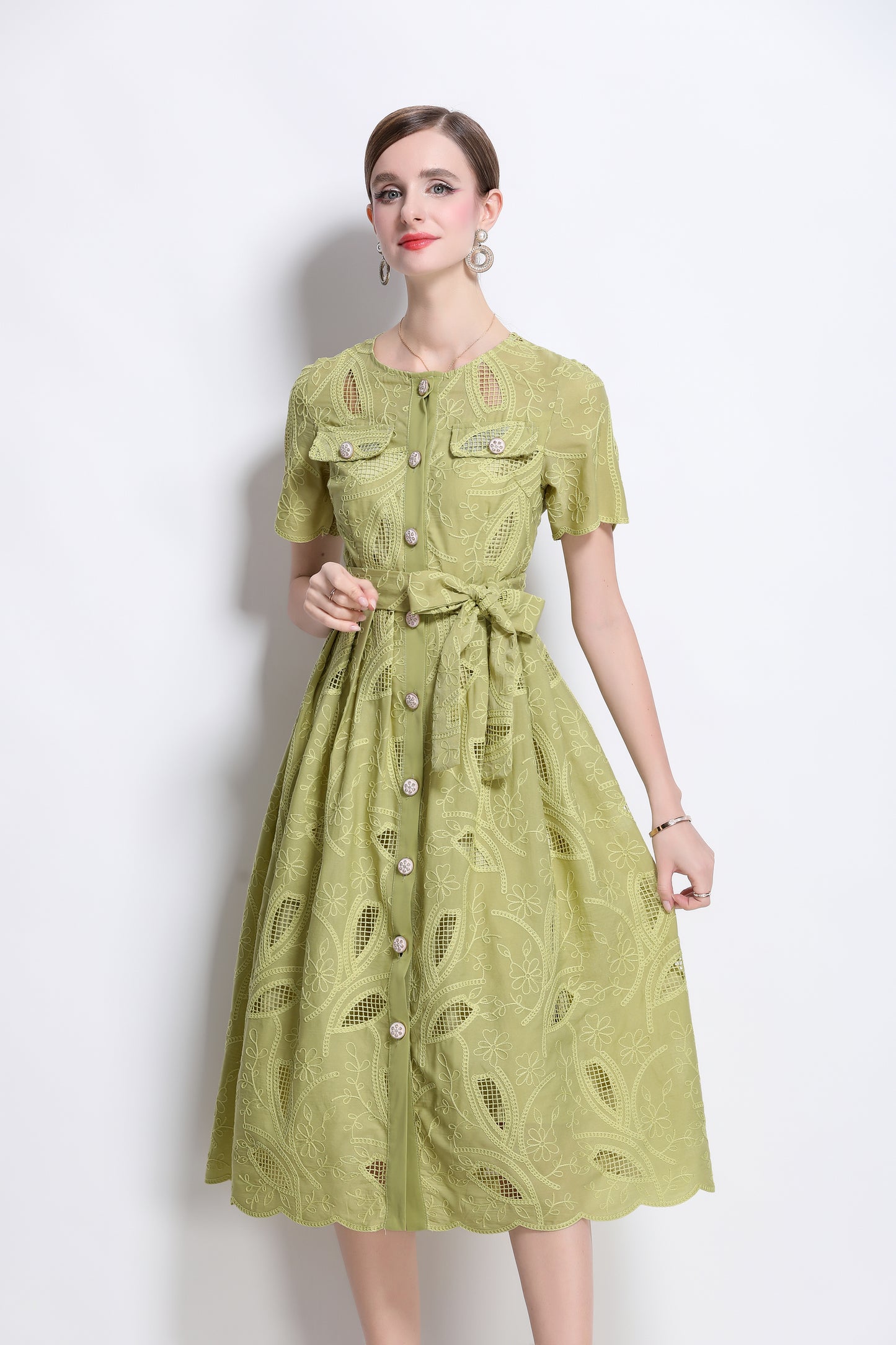 Women's Hollow Lace Short Sleeve Midi Dress