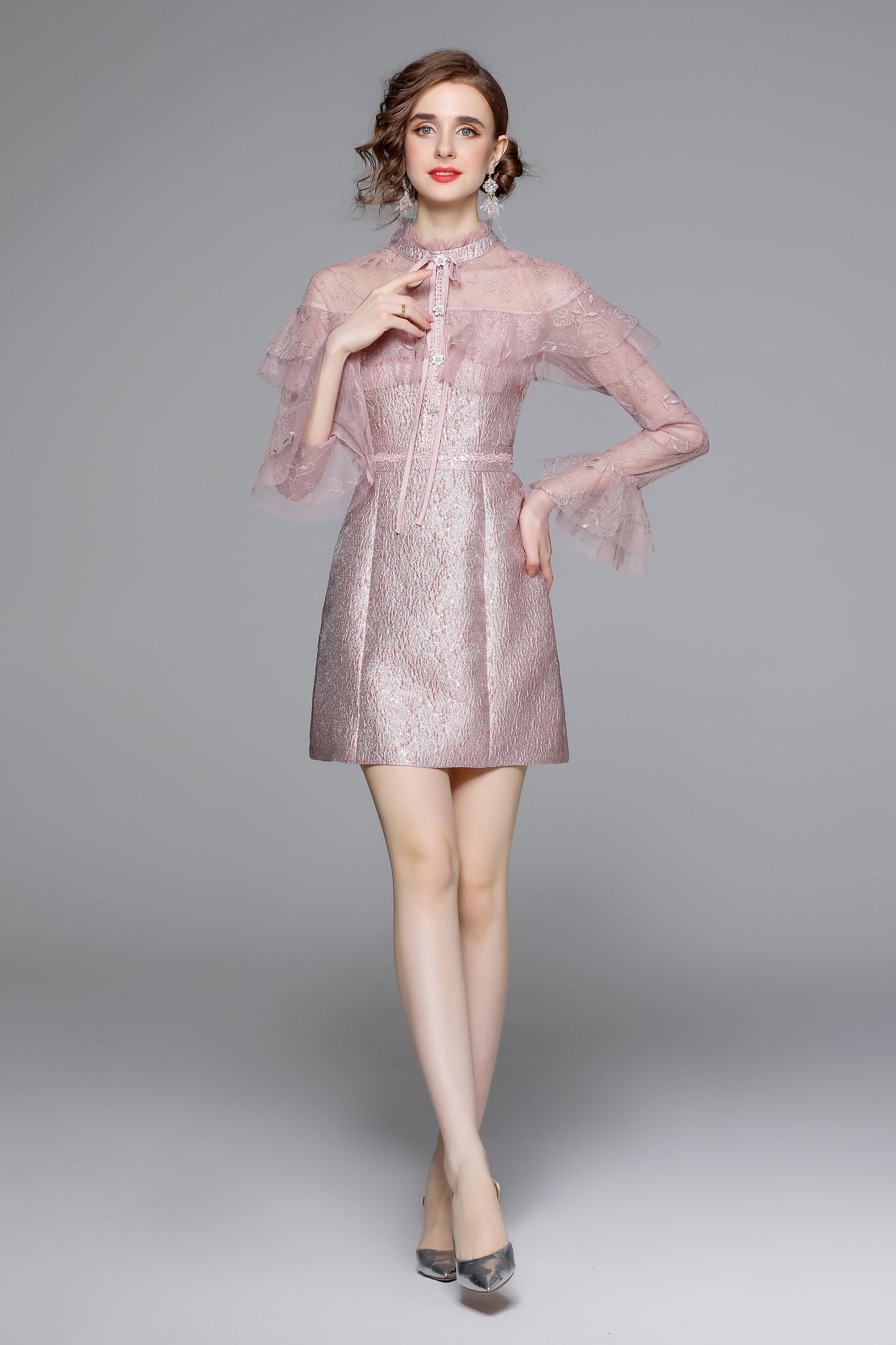Pink Lace Ruffle Tie-Neck Mini Dress - LAI MENG FIVE CATS