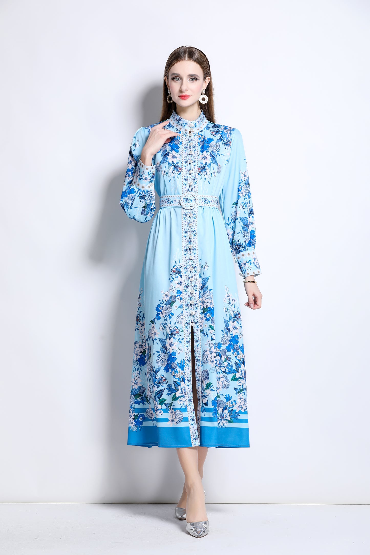 Women‘s Floral Print Button Up Split Maxi Dress