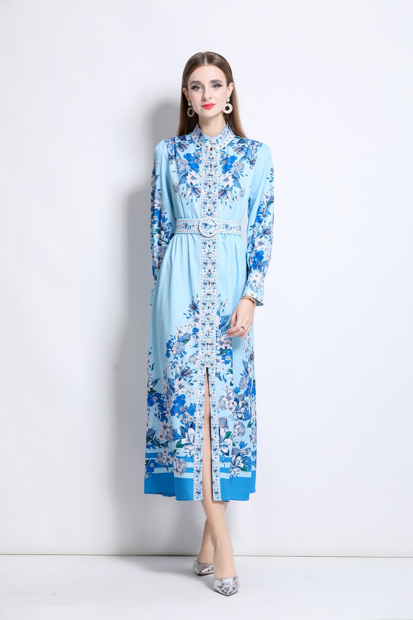 Women‘s Floral Print Button Up Split Maxi Dress