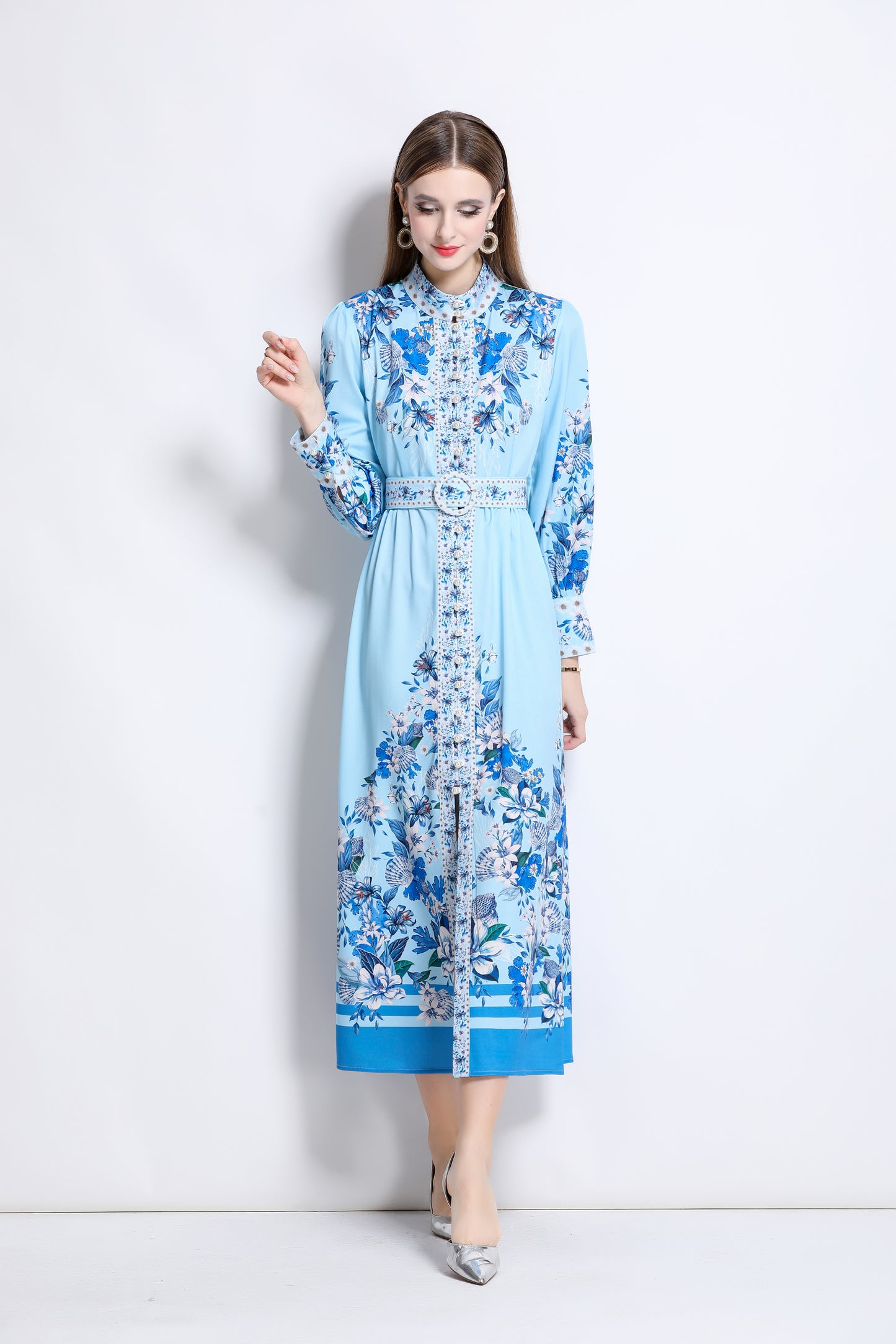 Women‘s Floral Print Button Up Split Maxi Dress