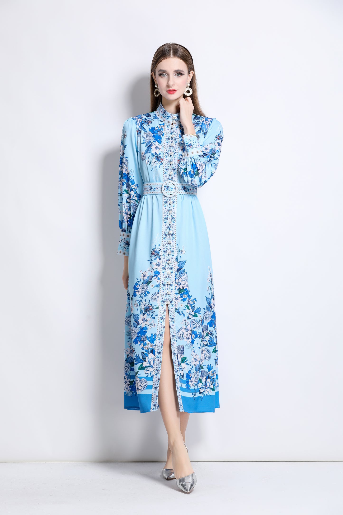 Women‘s Floral Print Button Up Split Maxi Dress