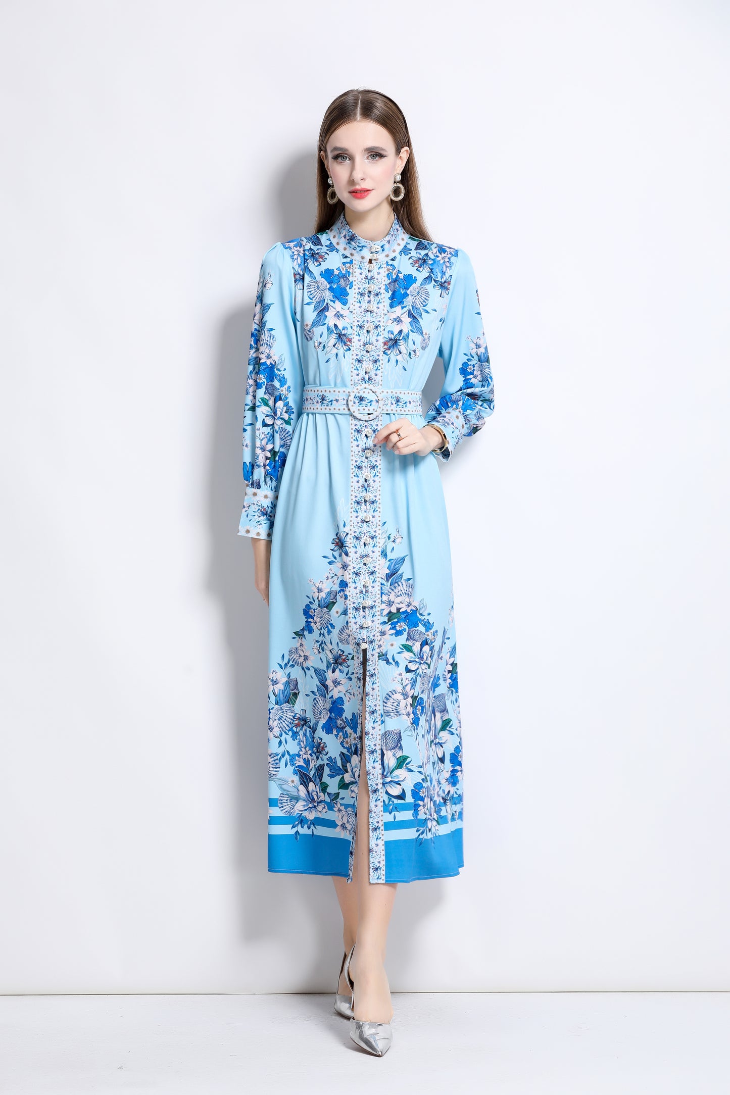 Women‘s Floral Print Button Up Split Maxi Dress