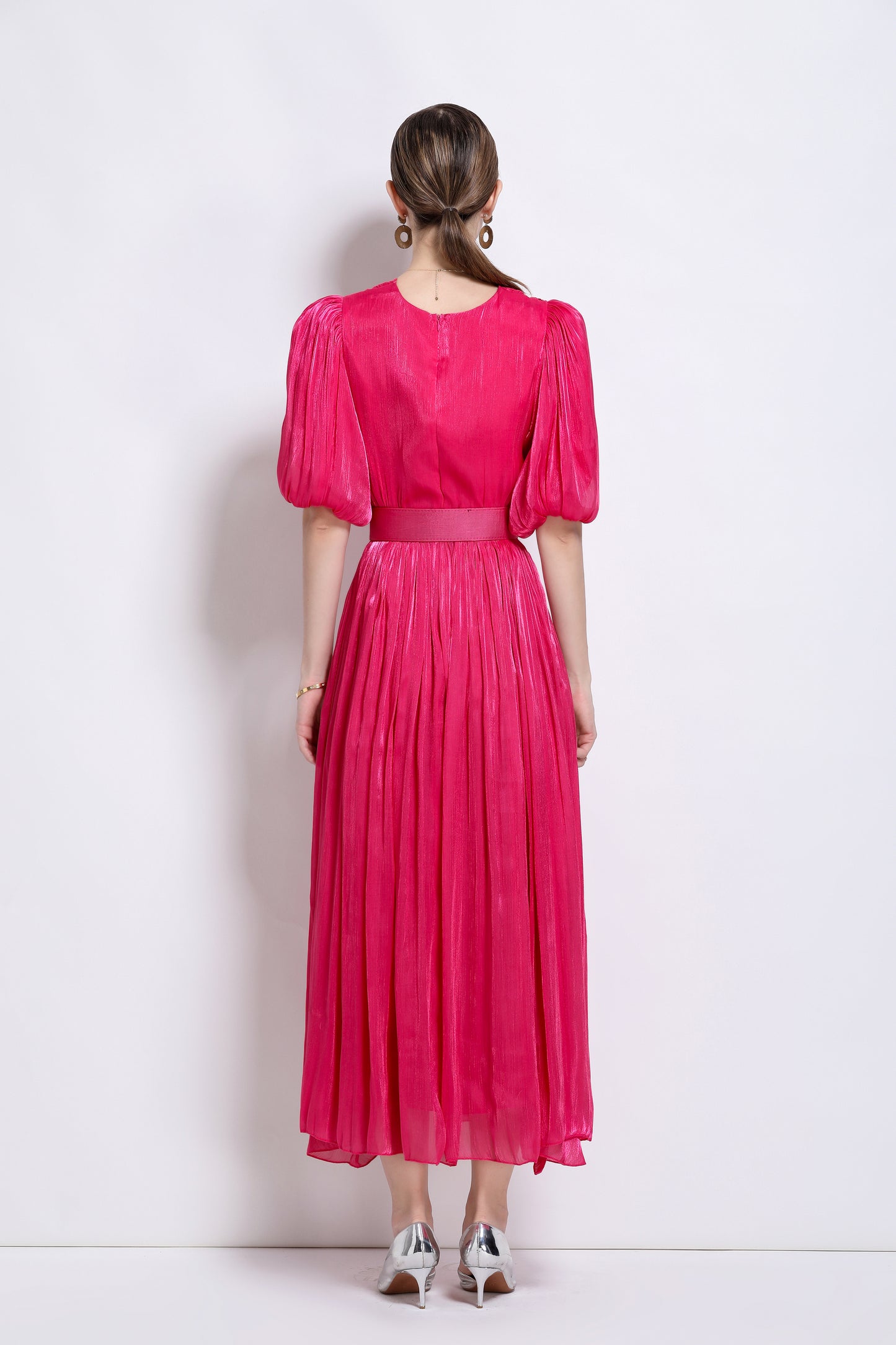 Women V-Neck Puff Sleeve Side Split Maxi Dress
