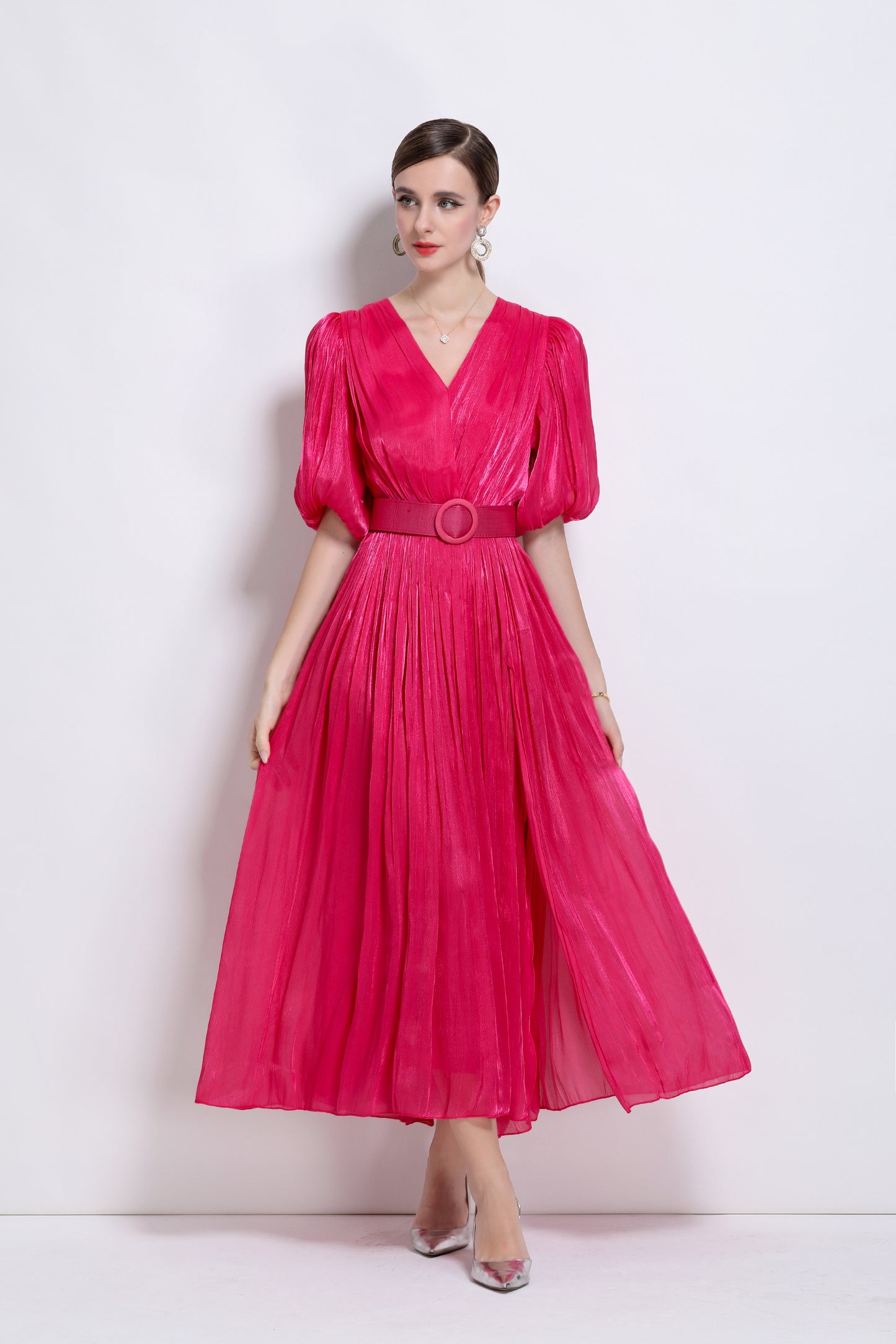 Women V-Neck Puff Sleeve Side Split Maxi Dress