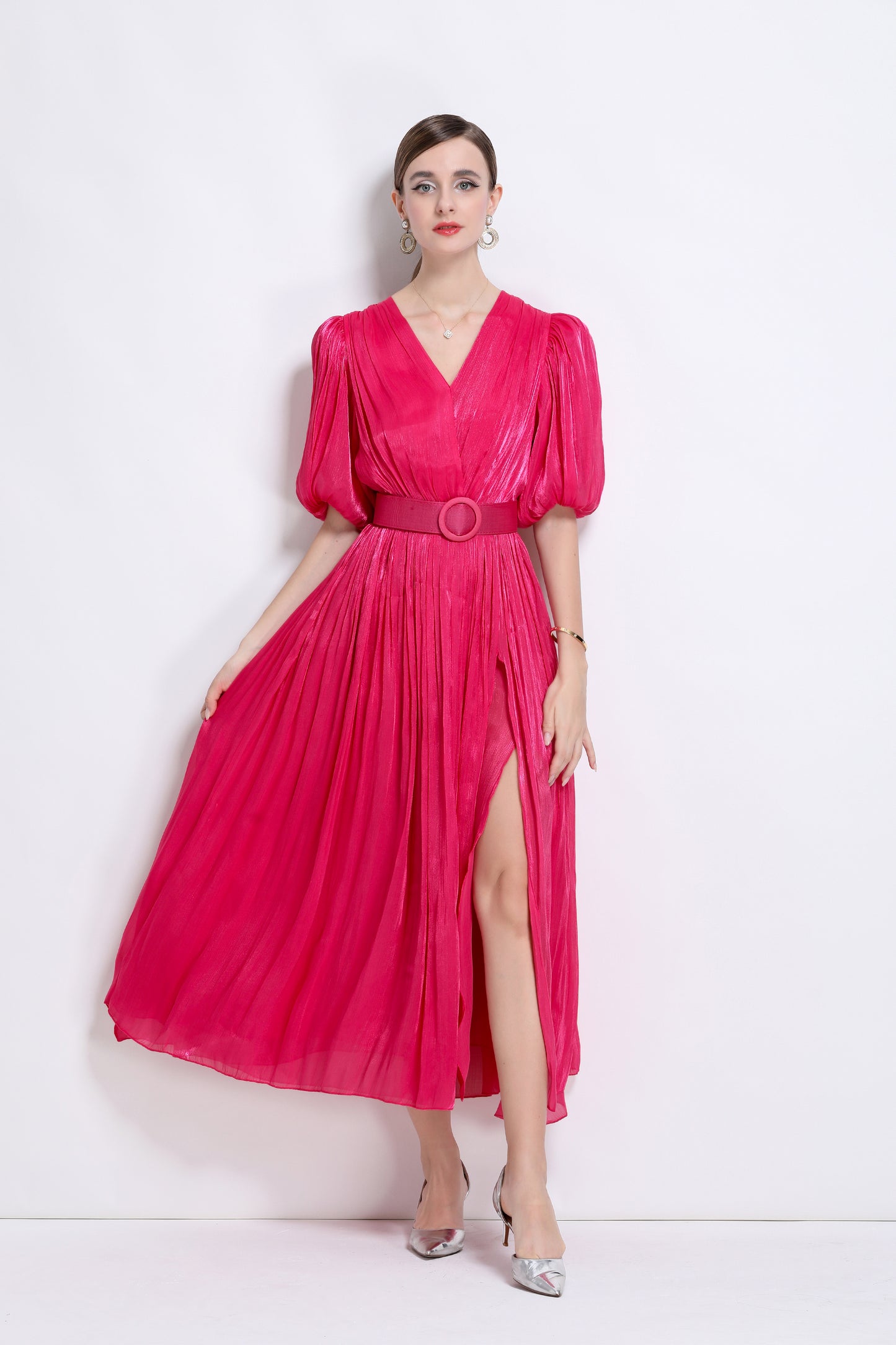 Women V-Neck Puff Sleeve Side Split Maxi Dress