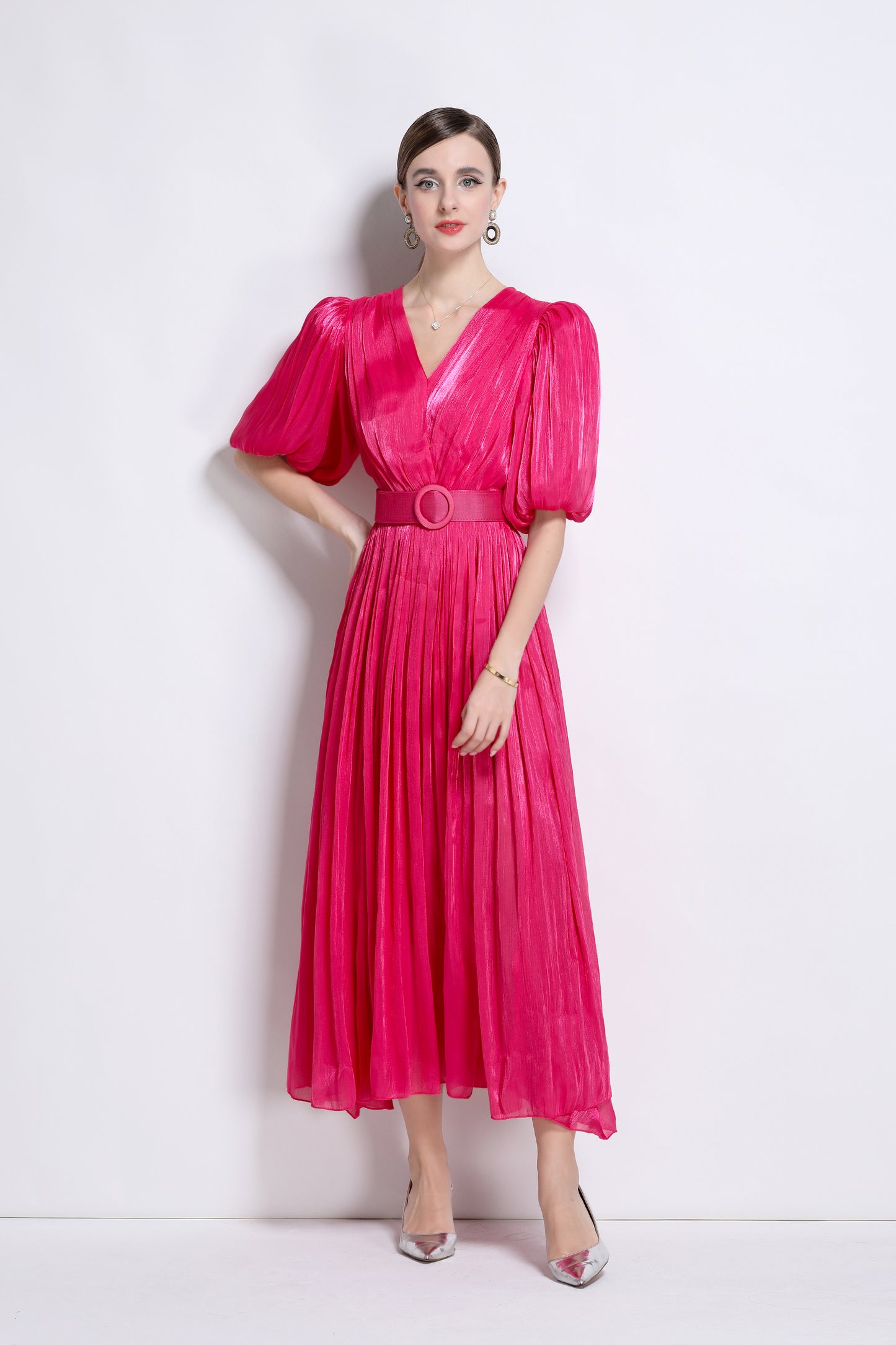 Women V-Neck Puff Sleeve Side Split Maxi Dress