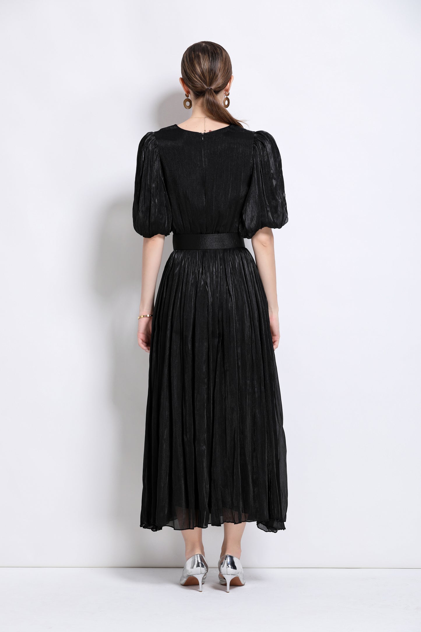 Women V-Neck Puff Sleeve Side Split Maxi Dress