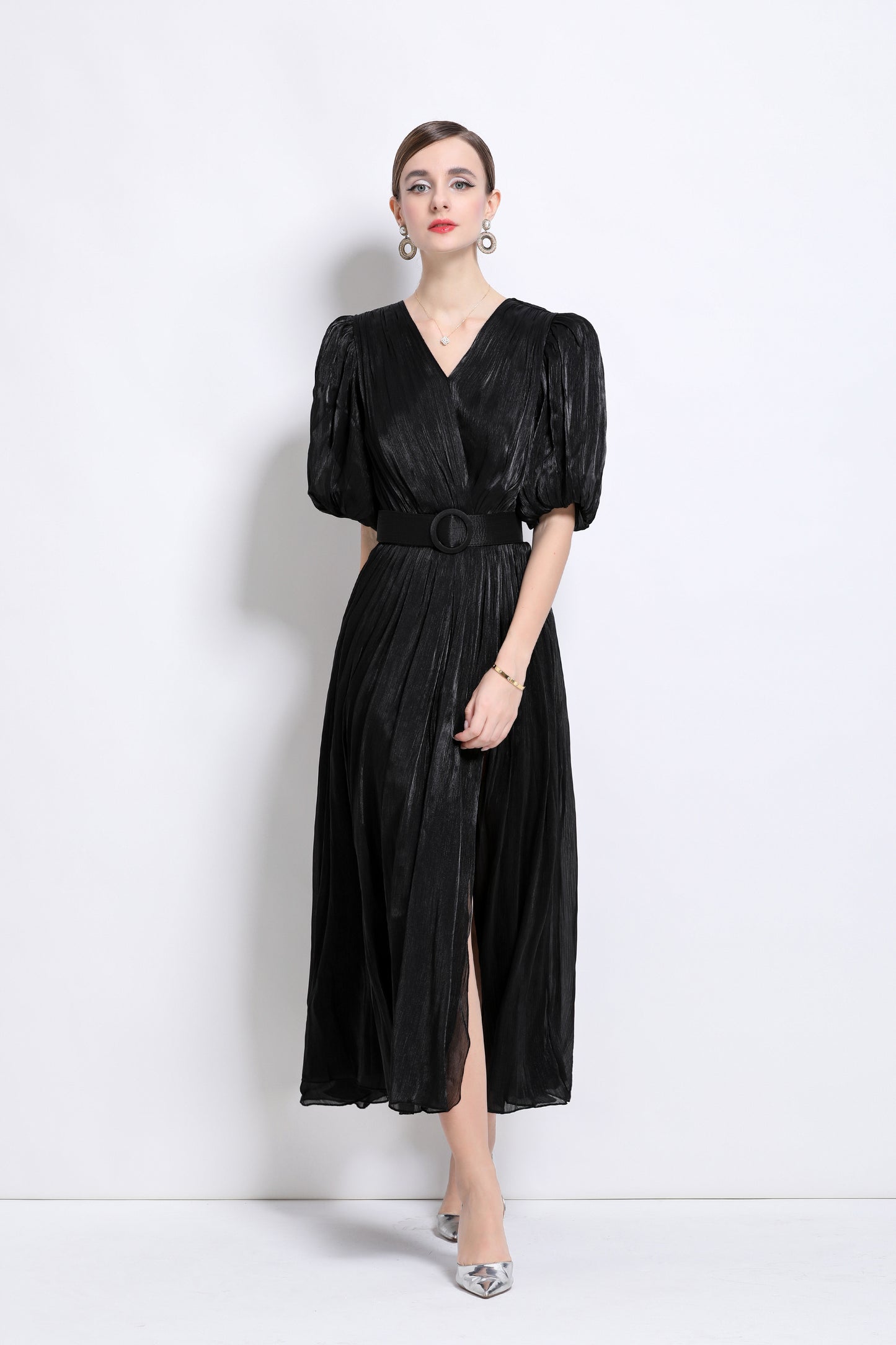 Women V-Neck Puff Sleeve Side Split Maxi Dress