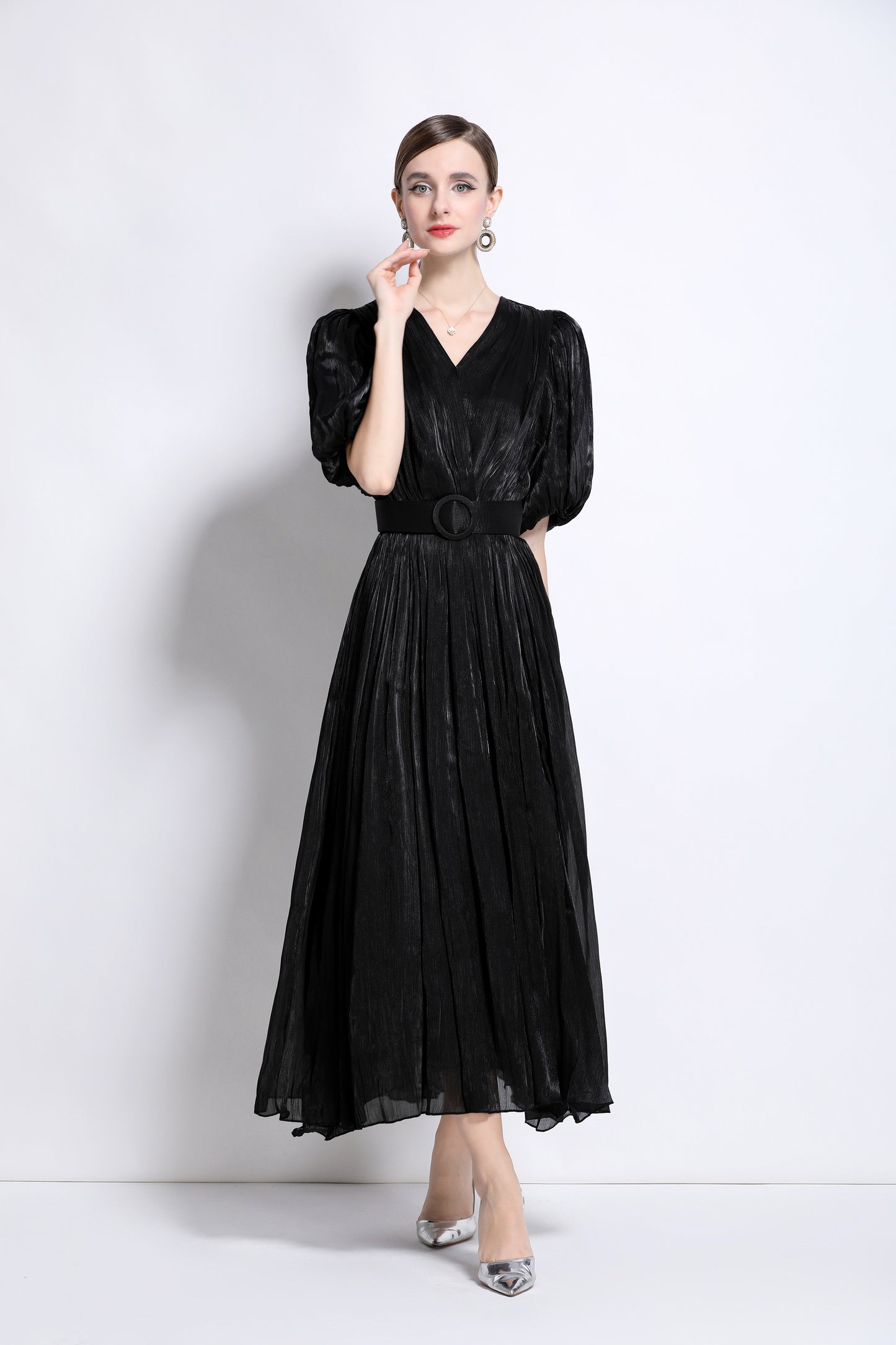 Women V-Neck Puff Sleeve Side Split Maxi Dress