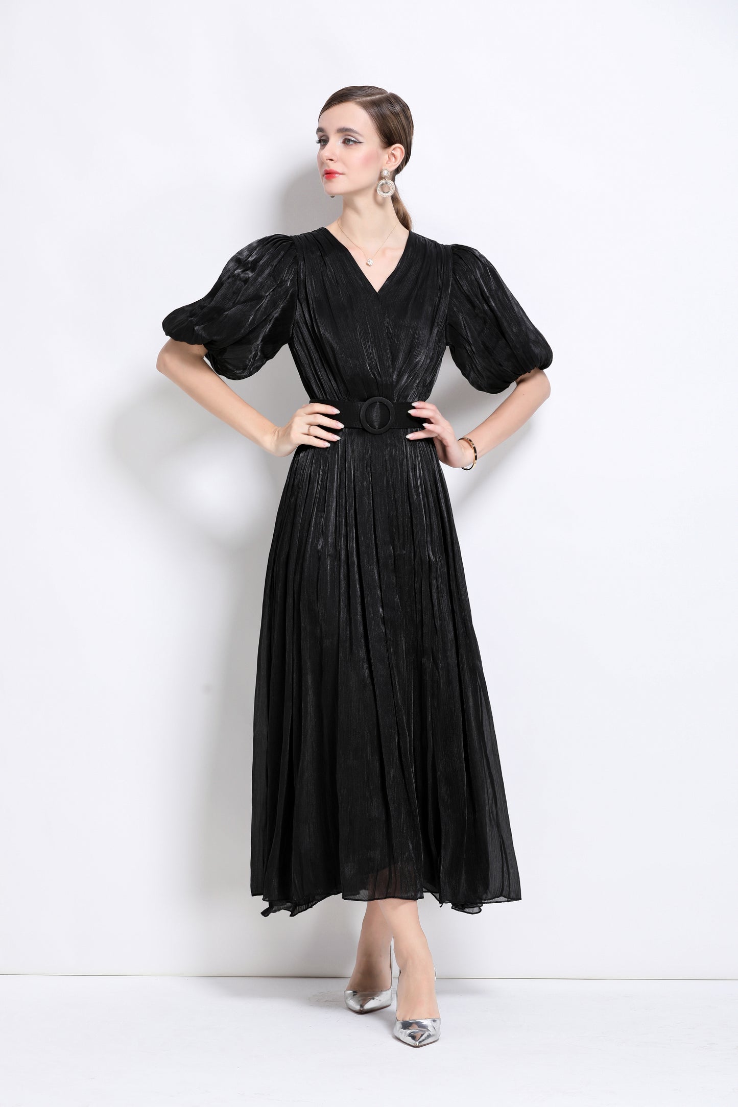 Women V-Neck Puff Sleeve Side Split Maxi Dress