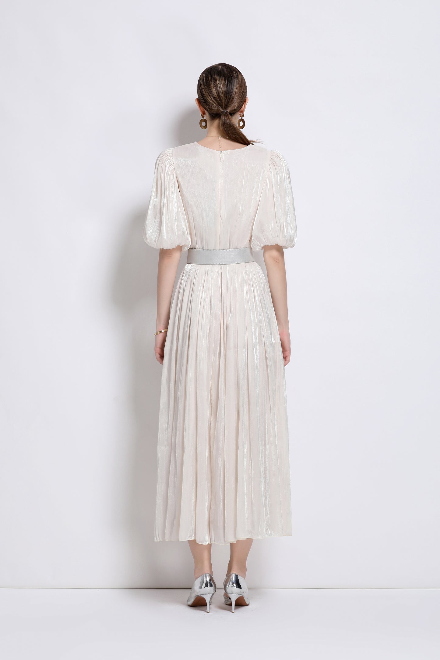 Women V-Neck Puff Sleeve Side Split Maxi Dress