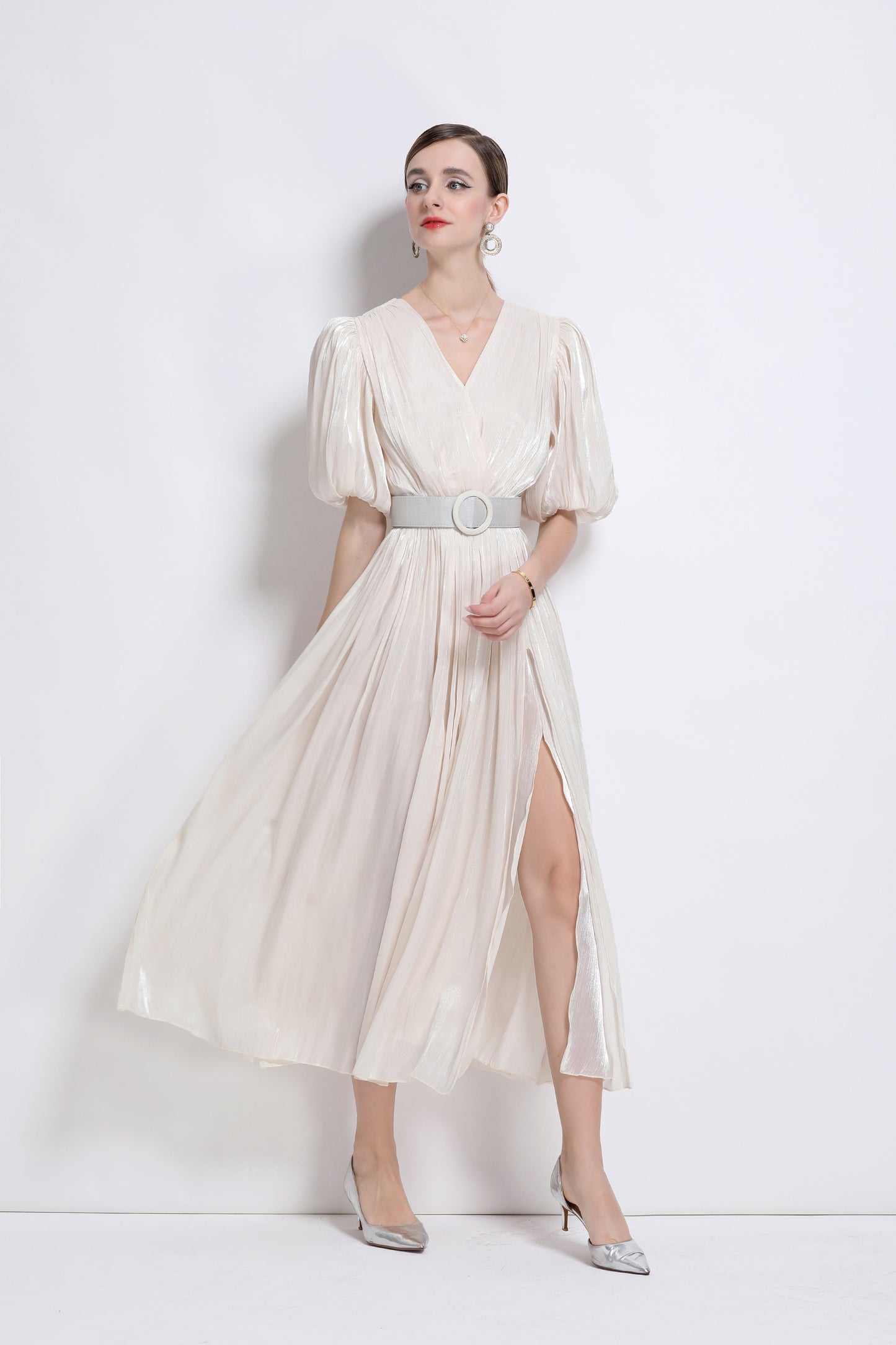 Women V-Neck Puff Sleeve Side Split Maxi Dress