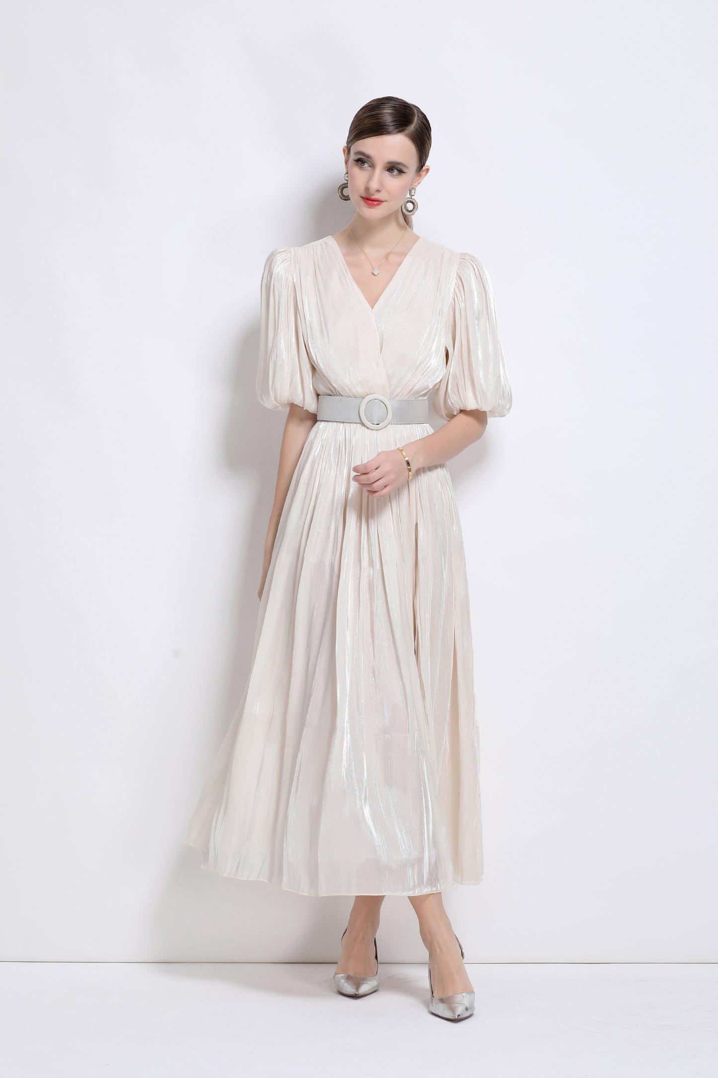Women V-Neck Puff Sleeve Side Split Maxi Dress