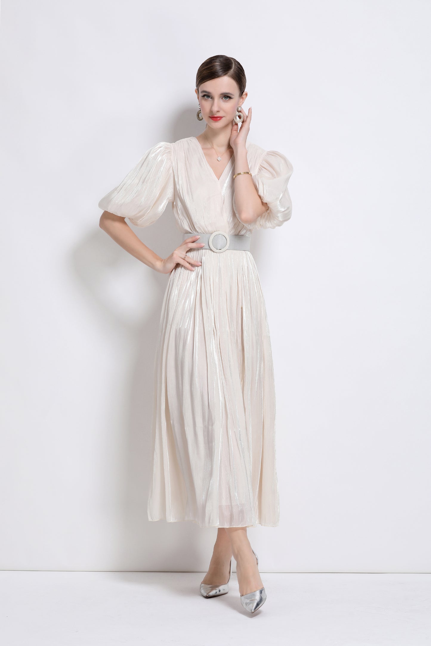 Women V-Neck Puff Sleeve Side Split Maxi Dress
