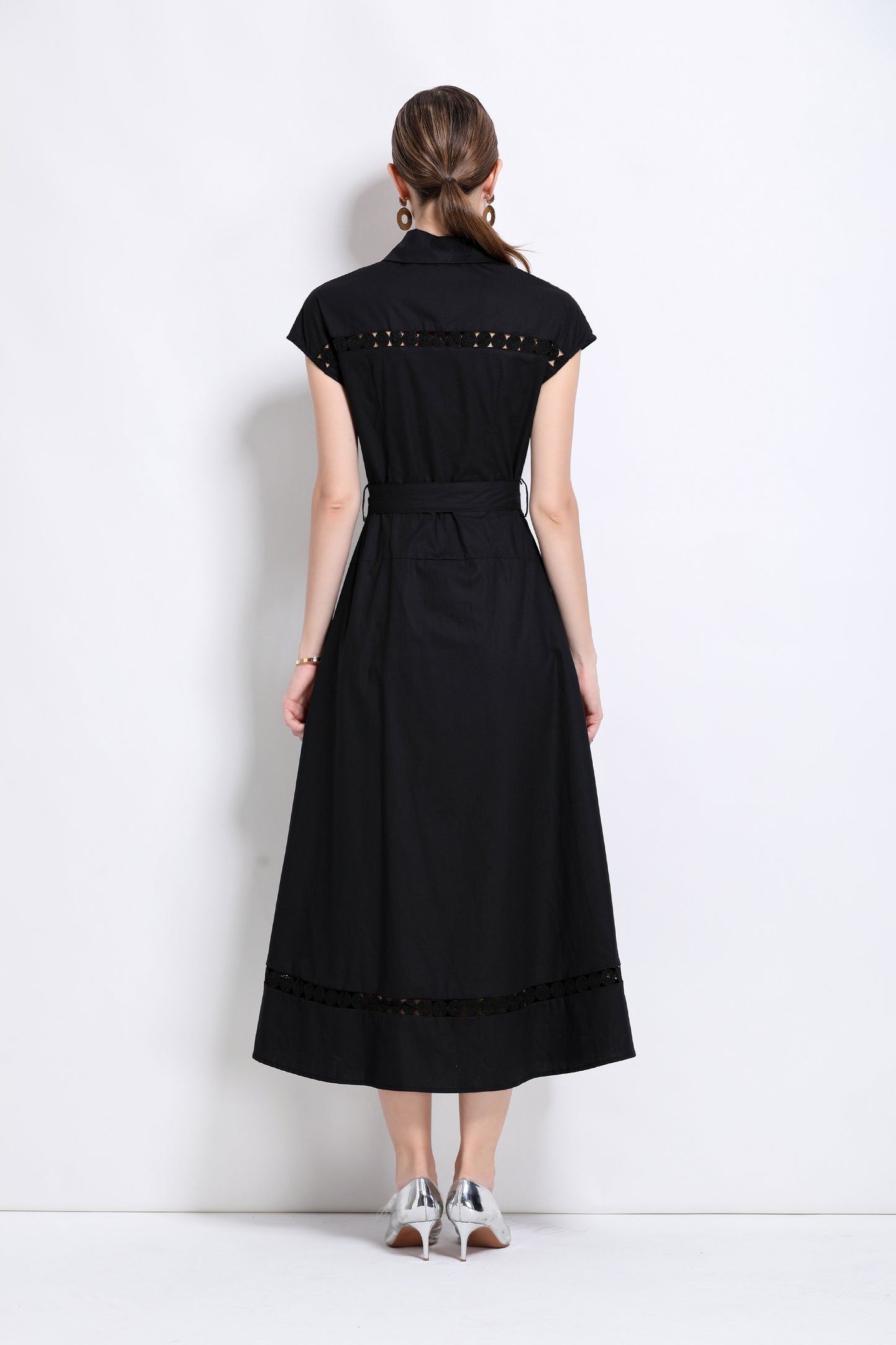 Women's Collar Hollow Cap Sleeve Midi Dress