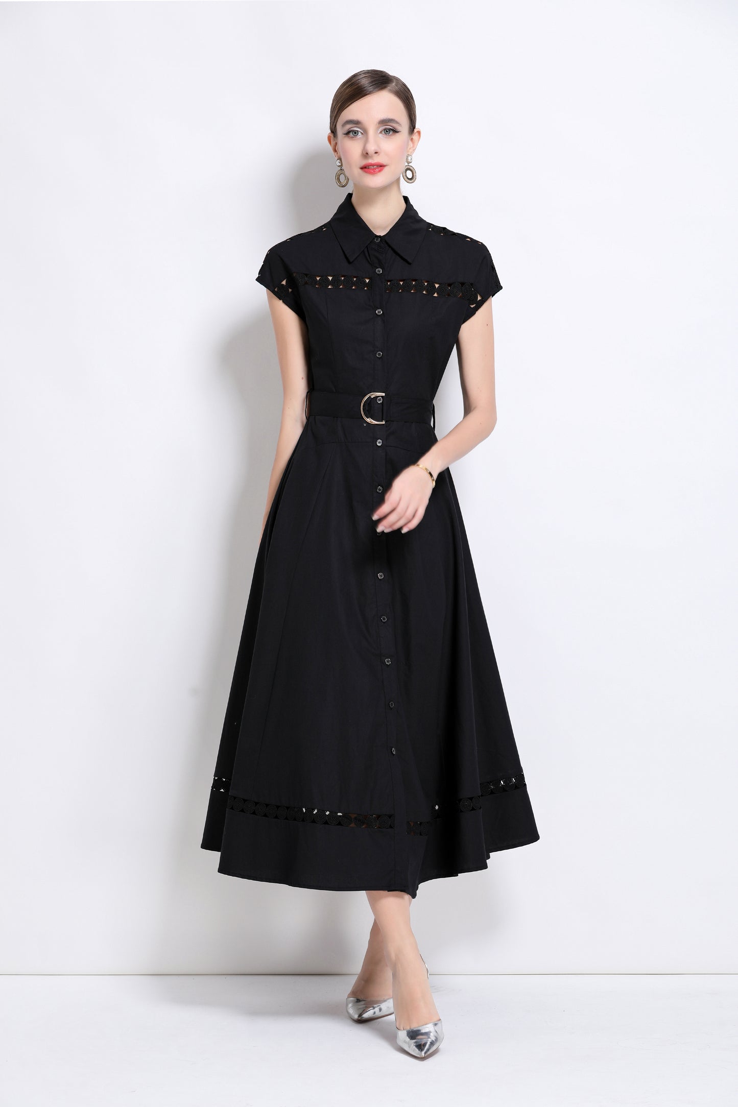 Women's Collar Hollow Cap Sleeve Midi Dress