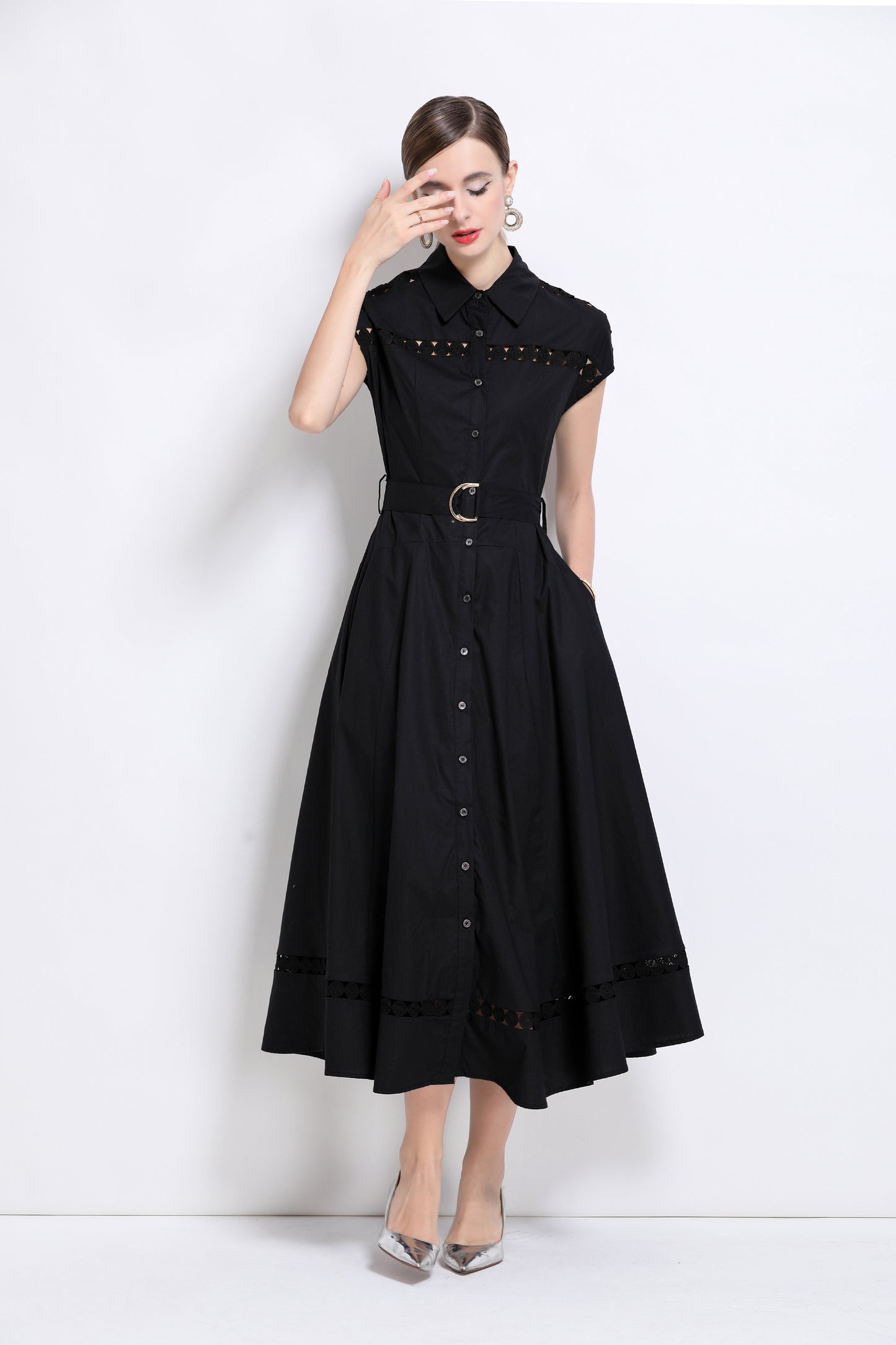 Women's Collar Hollow Cap Sleeve Midi Dress