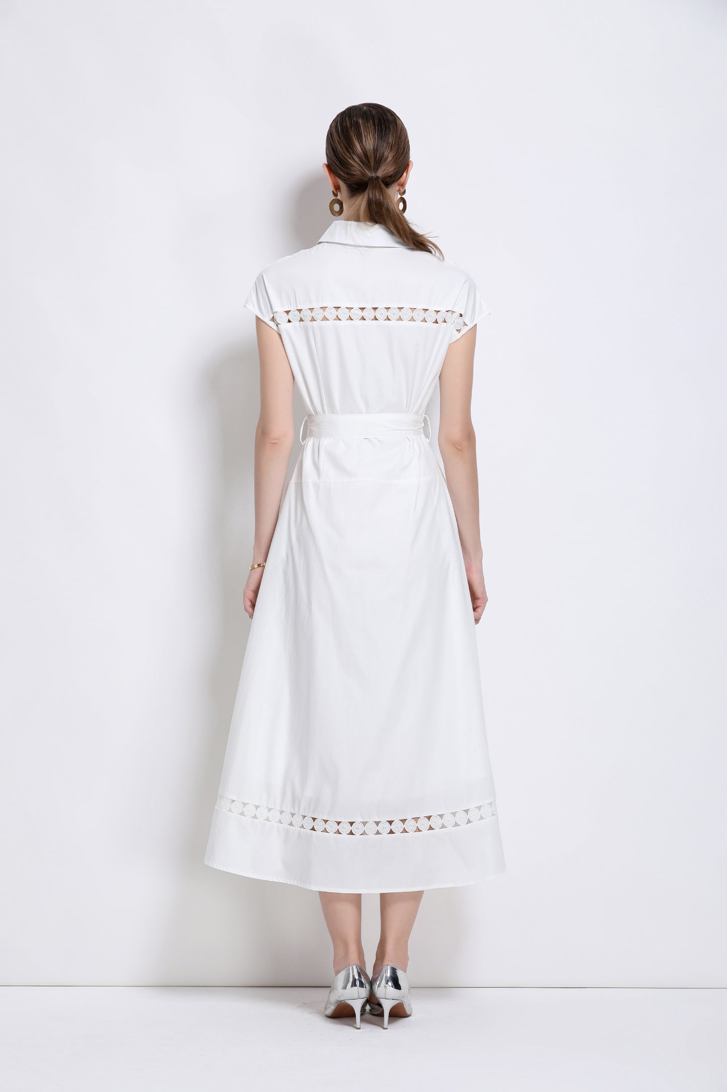 Women's Collar Hollow Cap Sleeve Midi Dress