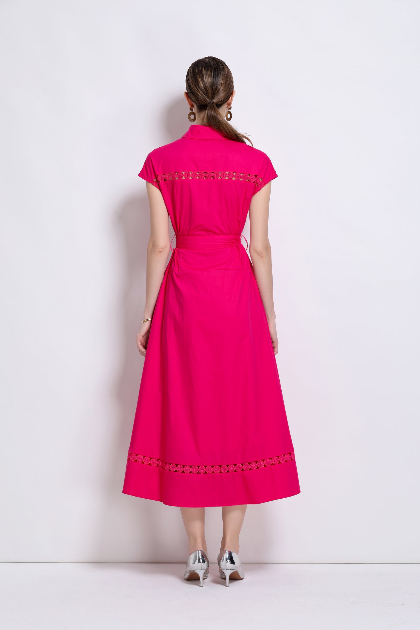 Women's Collar Hollow Cap Sleeve Midi Dress