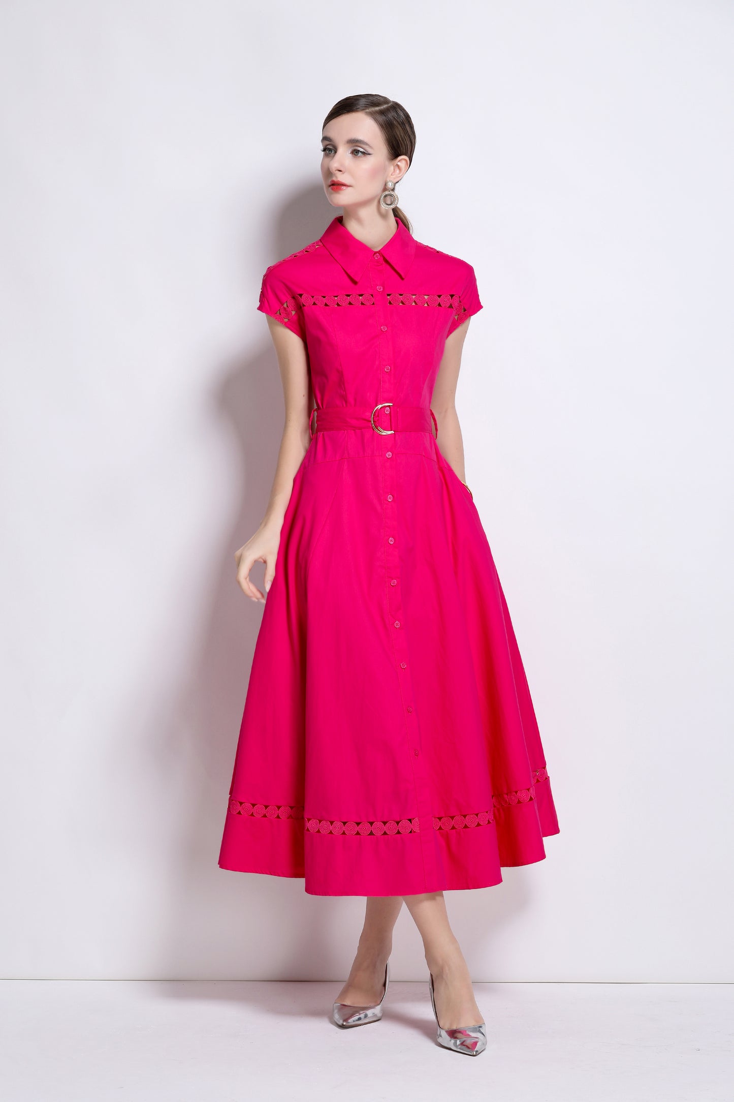 Women's Collar Hollow Cap Sleeve Midi Dress