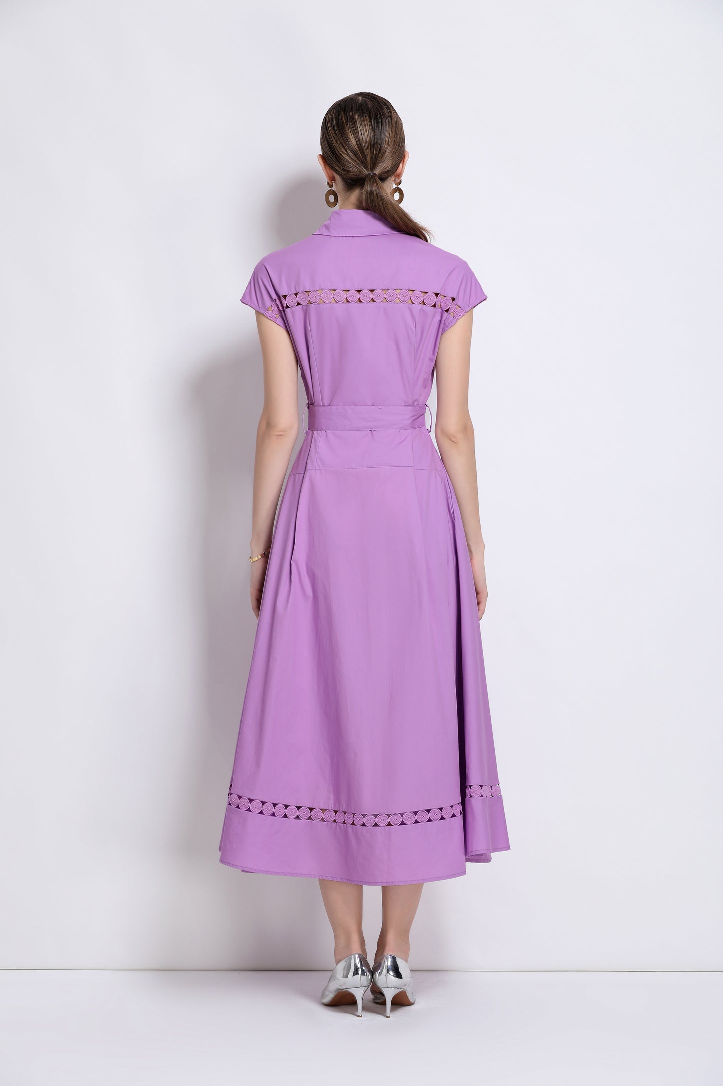 Women's Collar Hollow Cap Sleeve Midi Dress