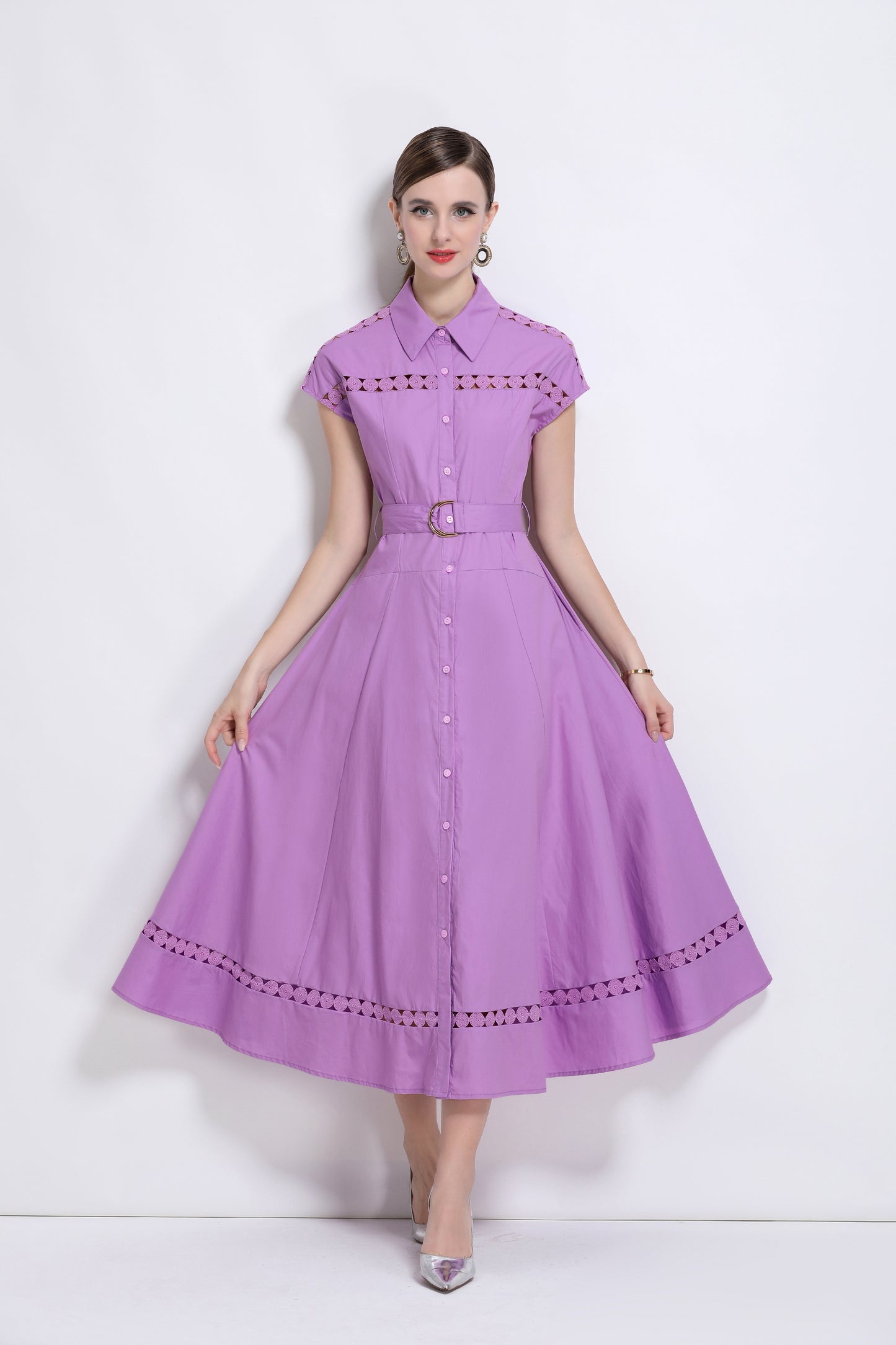 Women's Collar Hollow Cap Sleeve Midi Dress