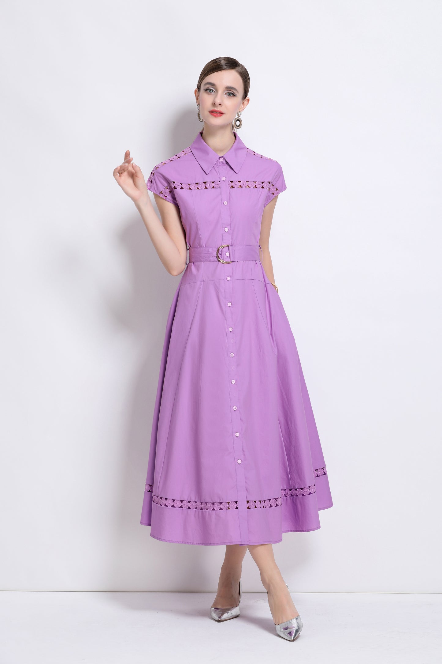 Women's Collar Hollow Cap Sleeve Midi Dress