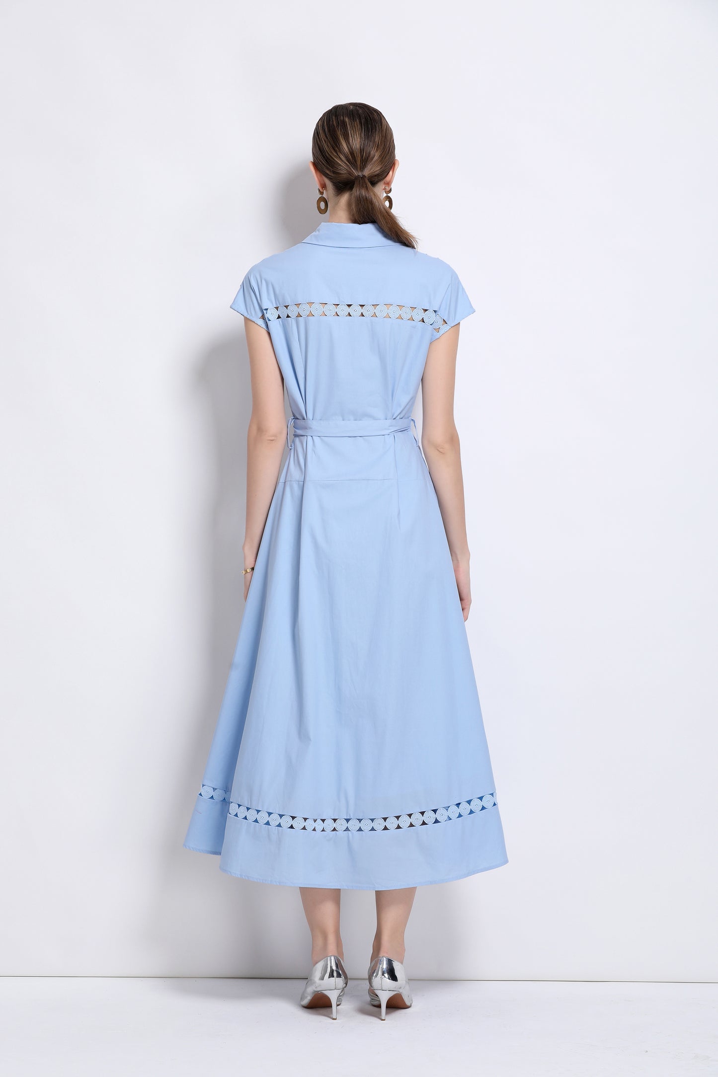 Women's Collar Hollow Cap Sleeve Midi Dress