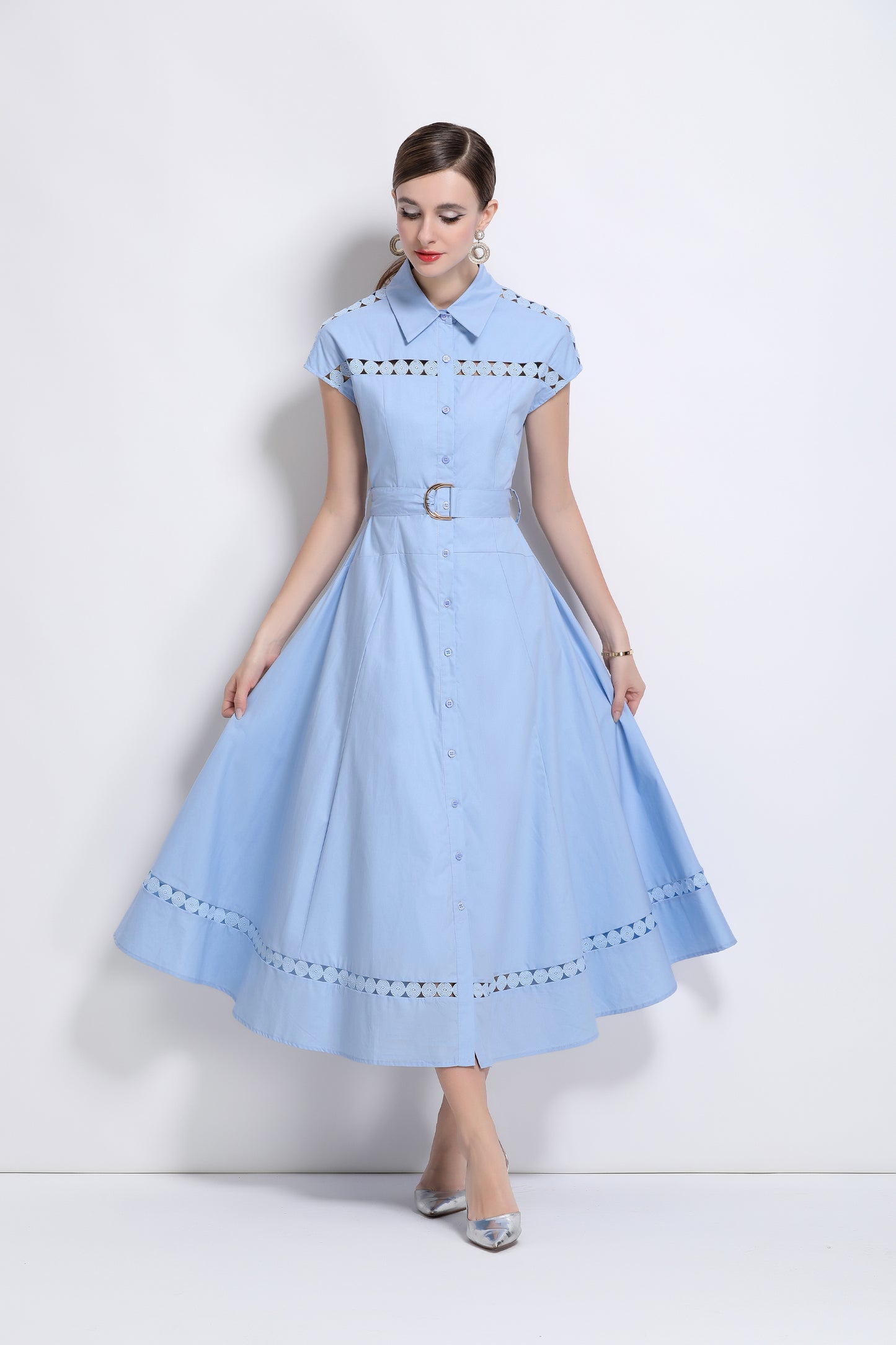 Women's Collar Hollow Cap Sleeve Midi Dress