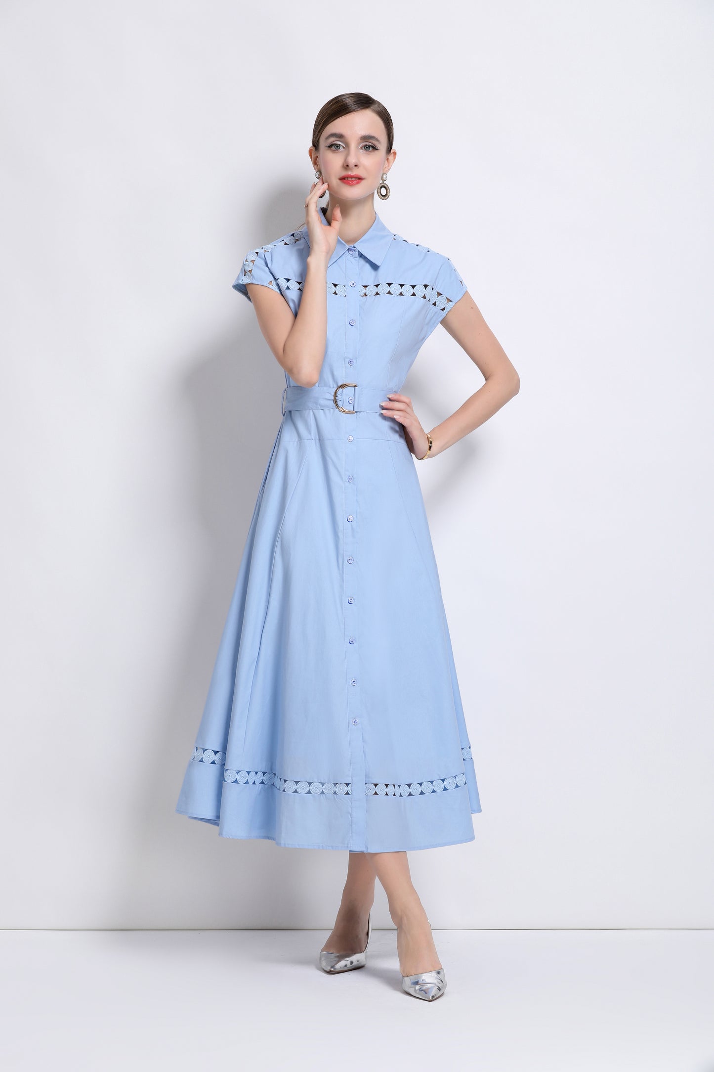 Women's Collar Hollow Cap Sleeve Midi Dress