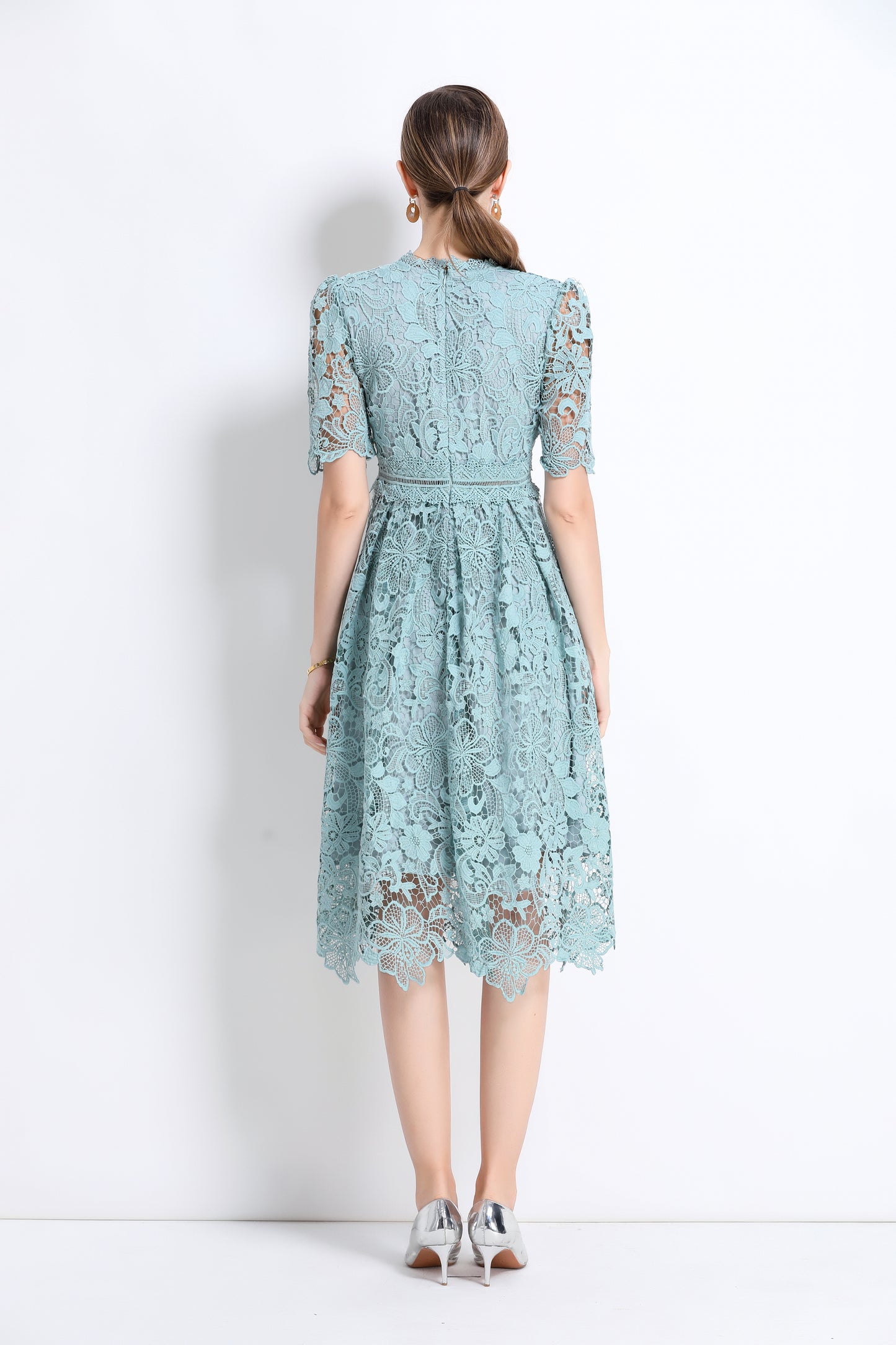 Women's Lace Floral Crochet Waist Midi Dress