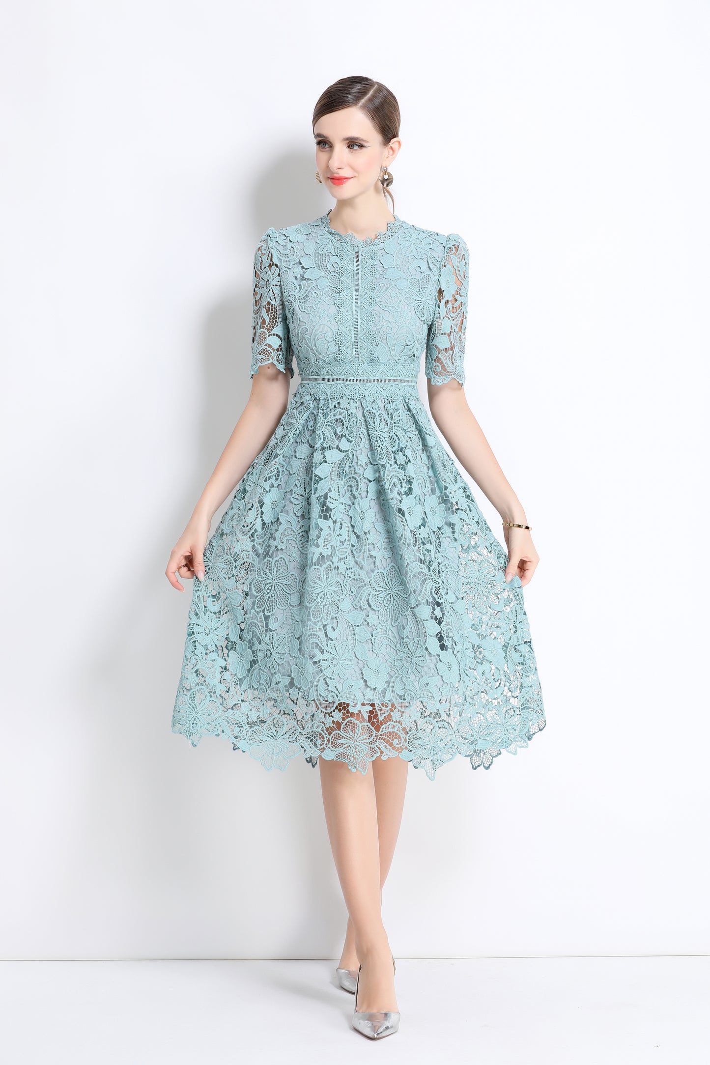 Women's Lace Floral Crochet Waist Midi Dress