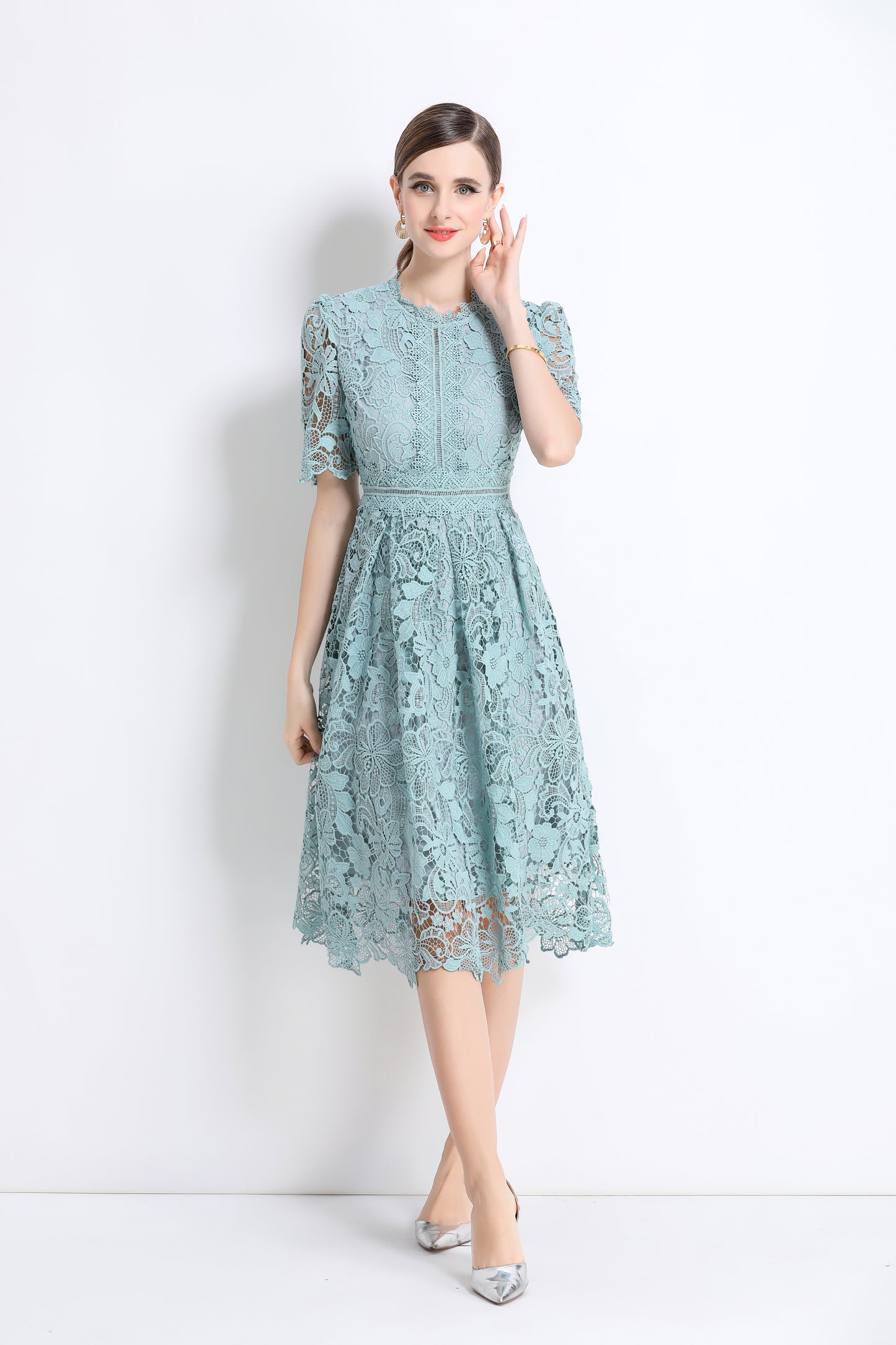 Women's Lace Floral Crochet Waist Midi Dress