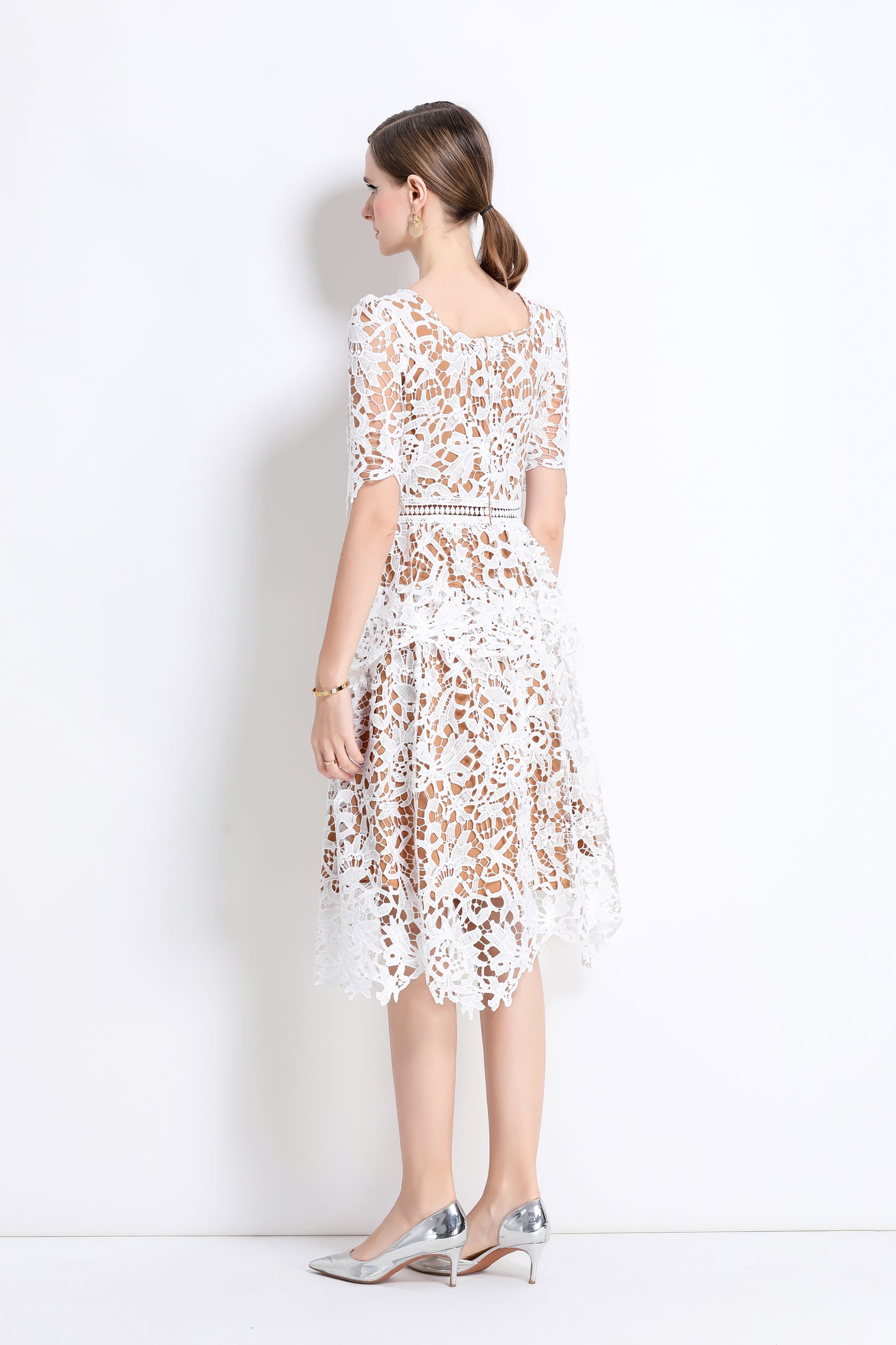 Women's Lace Square Neck Sort Sleeve Midi Dress