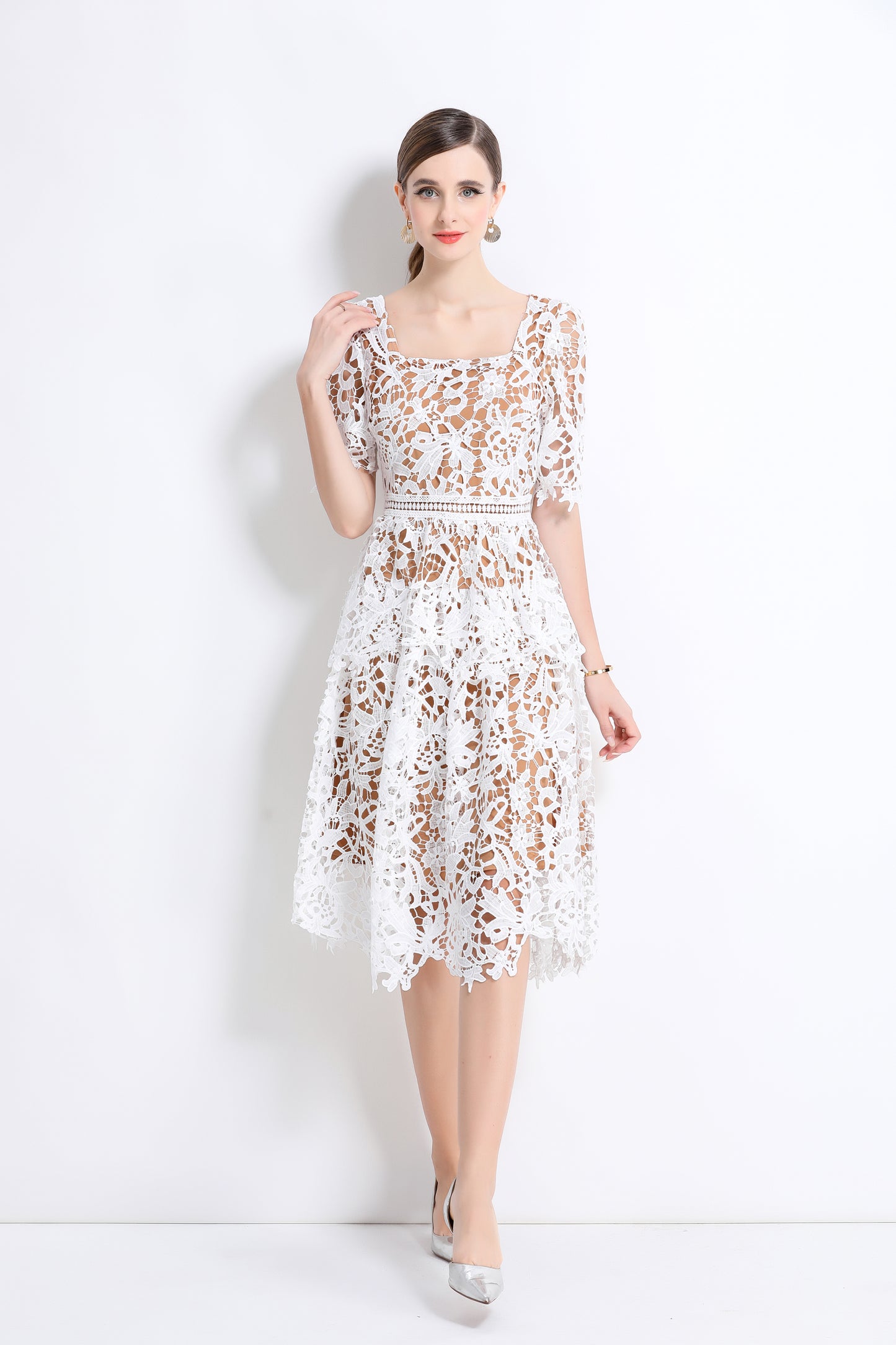 Women's Lace Square Neck Sort Sleeve Midi Dress