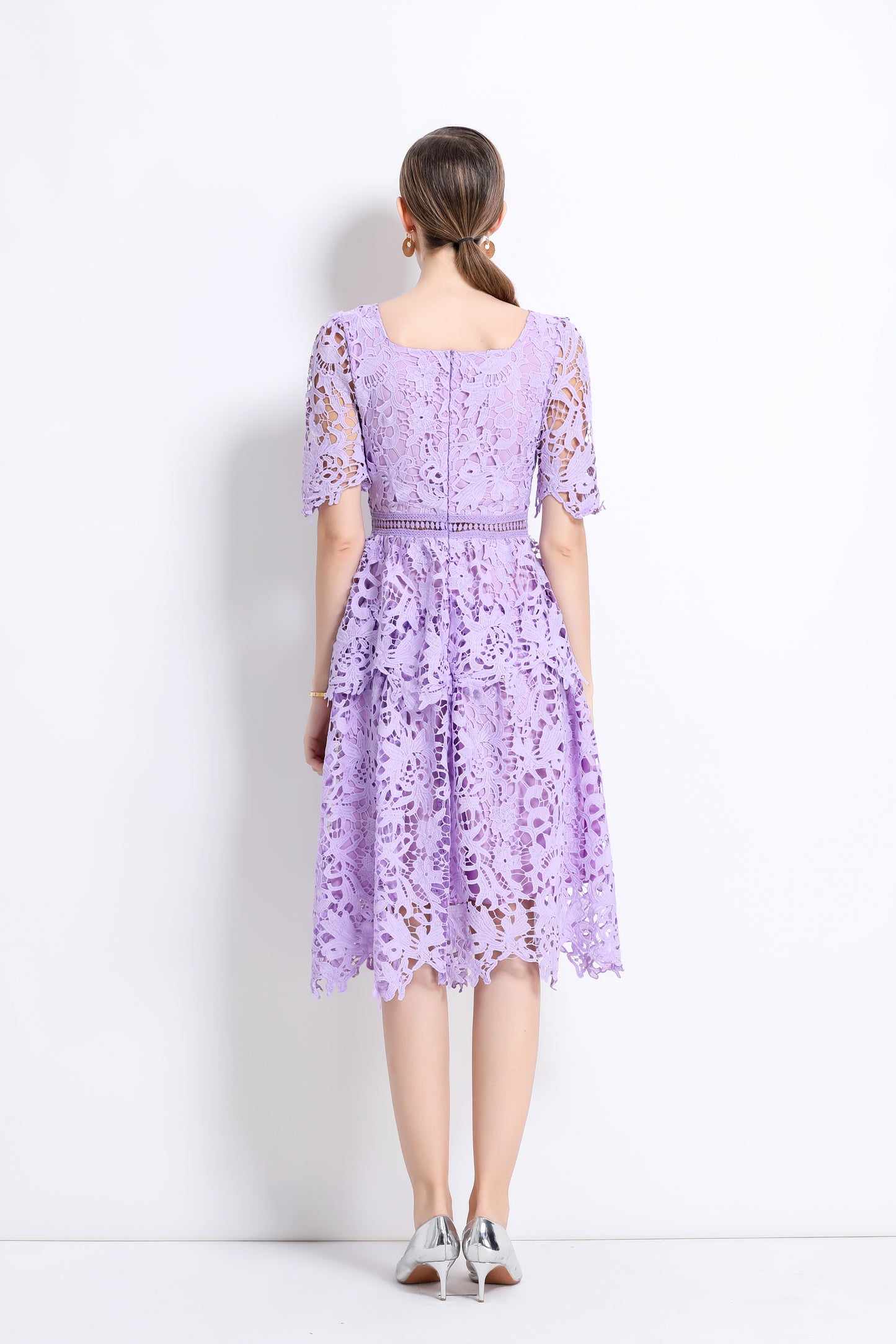 Women's Lace Square Neck Sort Sleeve Midi Dress